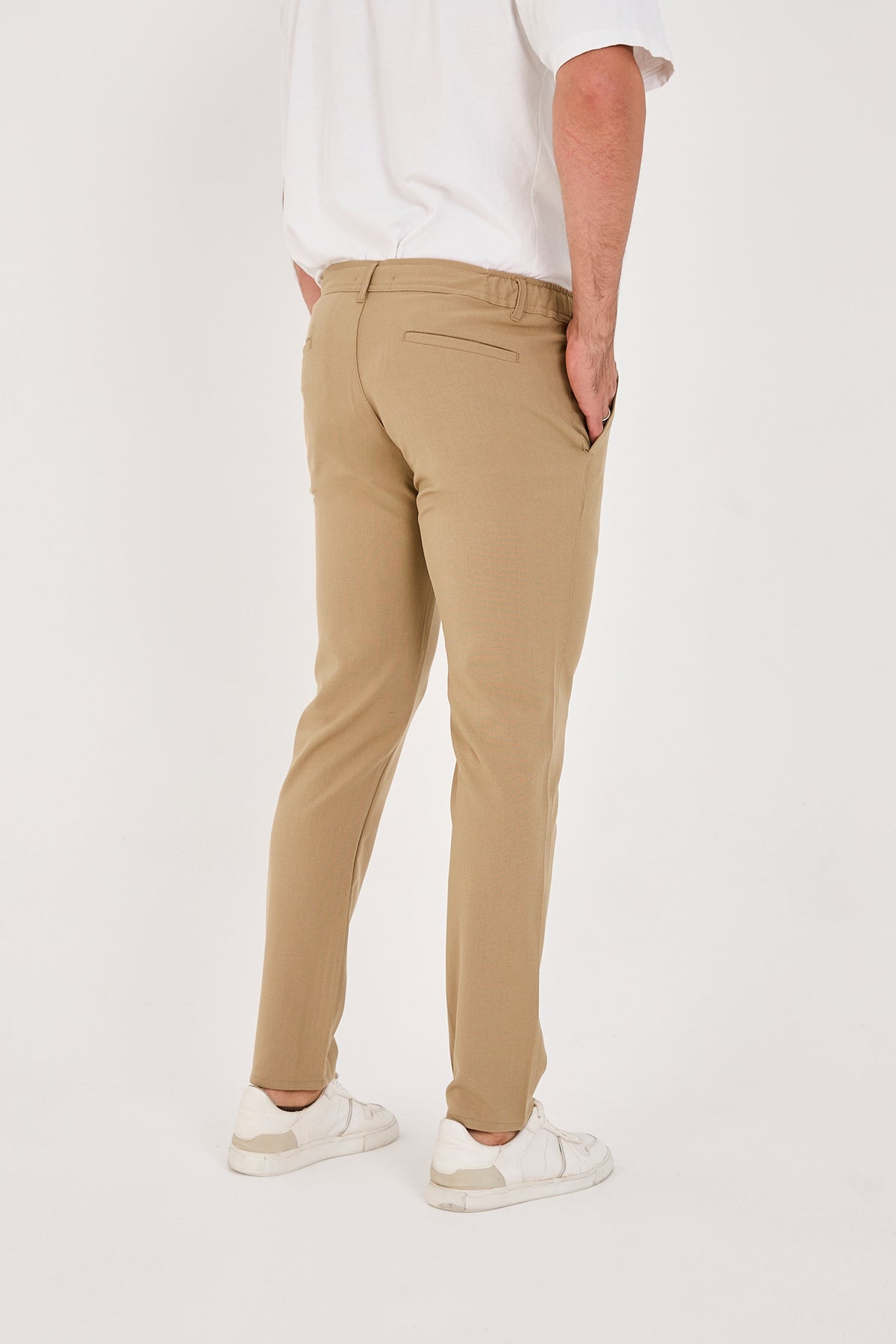 Erkek Jogger Slim Fit Bel Yarım Lastikli Likralı Kumaş Pantolon - Vizon