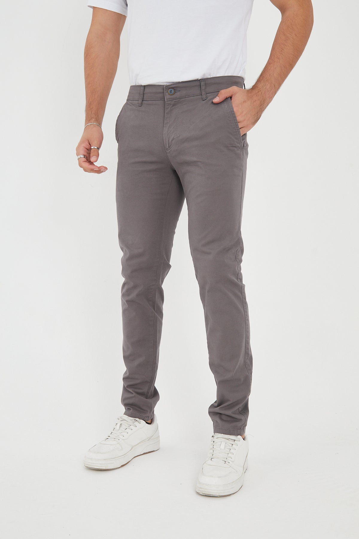 Erkek Kışlık Slim Fit Likralı Chino Pantolon - Gri