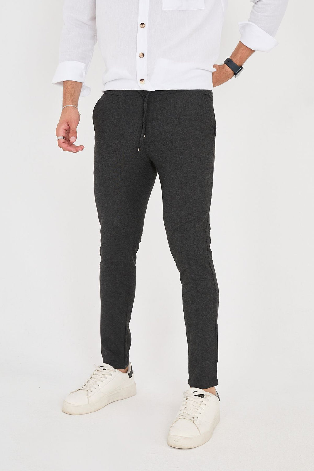 Erkek Jogger Slim Fit Bel Yarım Lastikli Likralı Kumaş Pantolon - Antrasit