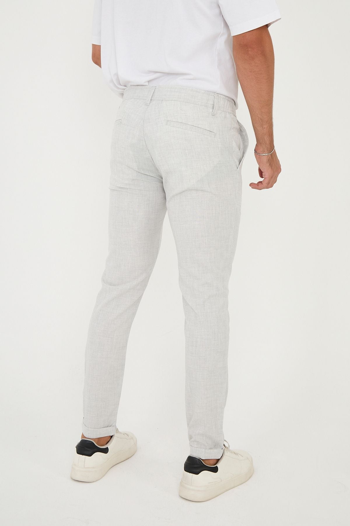 Erkek Jogger Slim Fit Bel Yarım Lastikli Duble Paça Kumaş Pantolon - Açık Gri