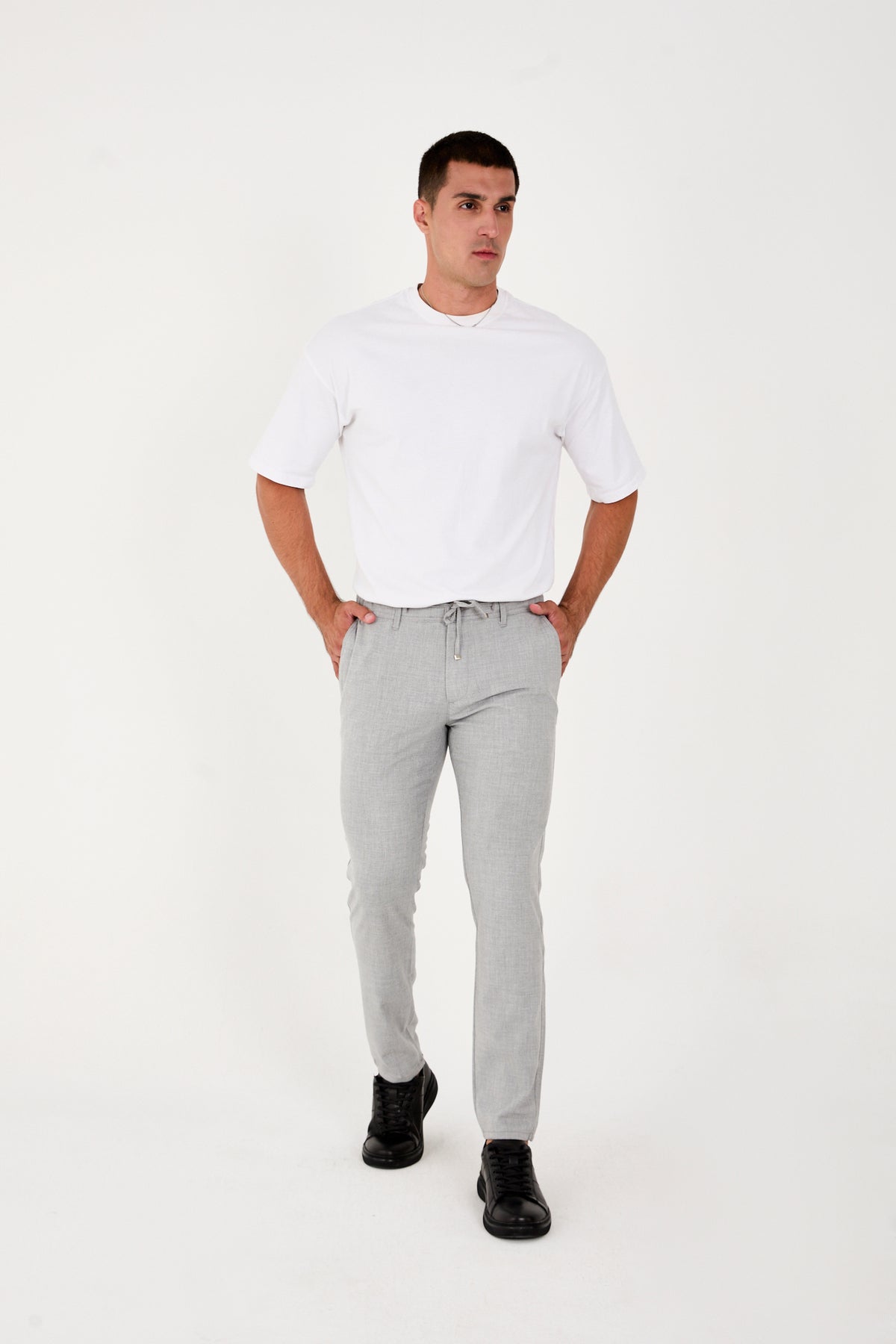 Erkek Jogger Slim Fit Bel Yarım Lastikli Likralı Kumaş Pantolon - Gri