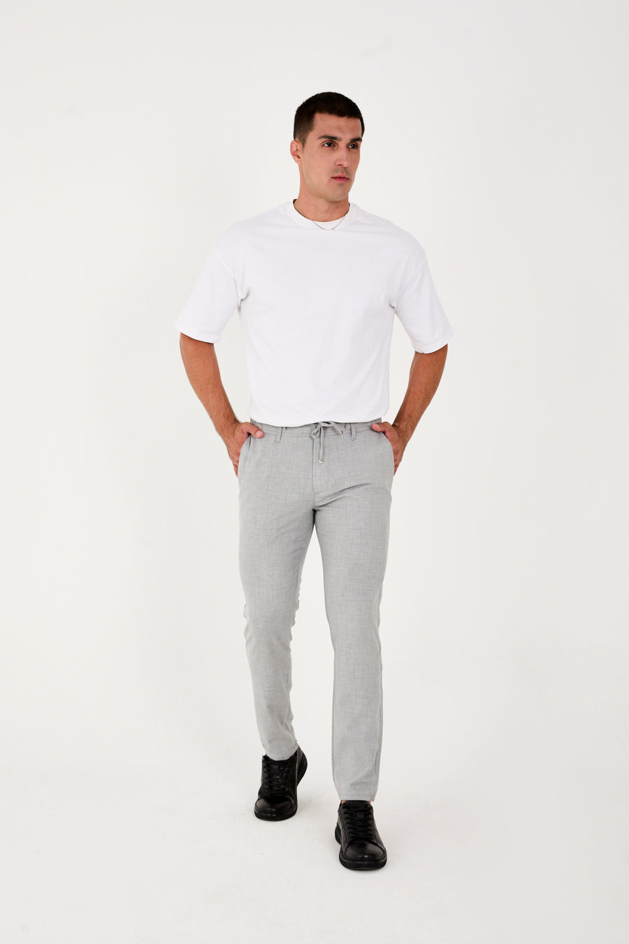 Erkek Jogger Slim Fit Bel Yarım Lastikli Likralı Kumaş Pantolon - Gri