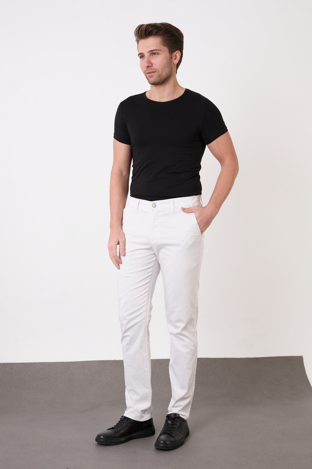 Erkek Regular Fit Geniş Kesim Likralı Pamuklu Chino Kanvas Pantolon - Taş
