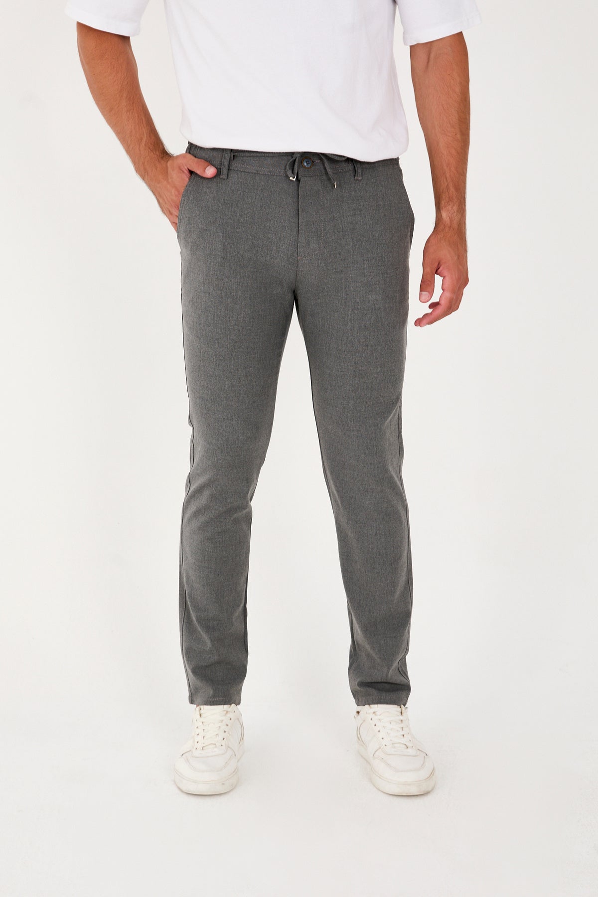 Erkek Jogger Slim Fit Bel Yarım Lastikli Likralı Kumaş Pantolon - Koyu Gri