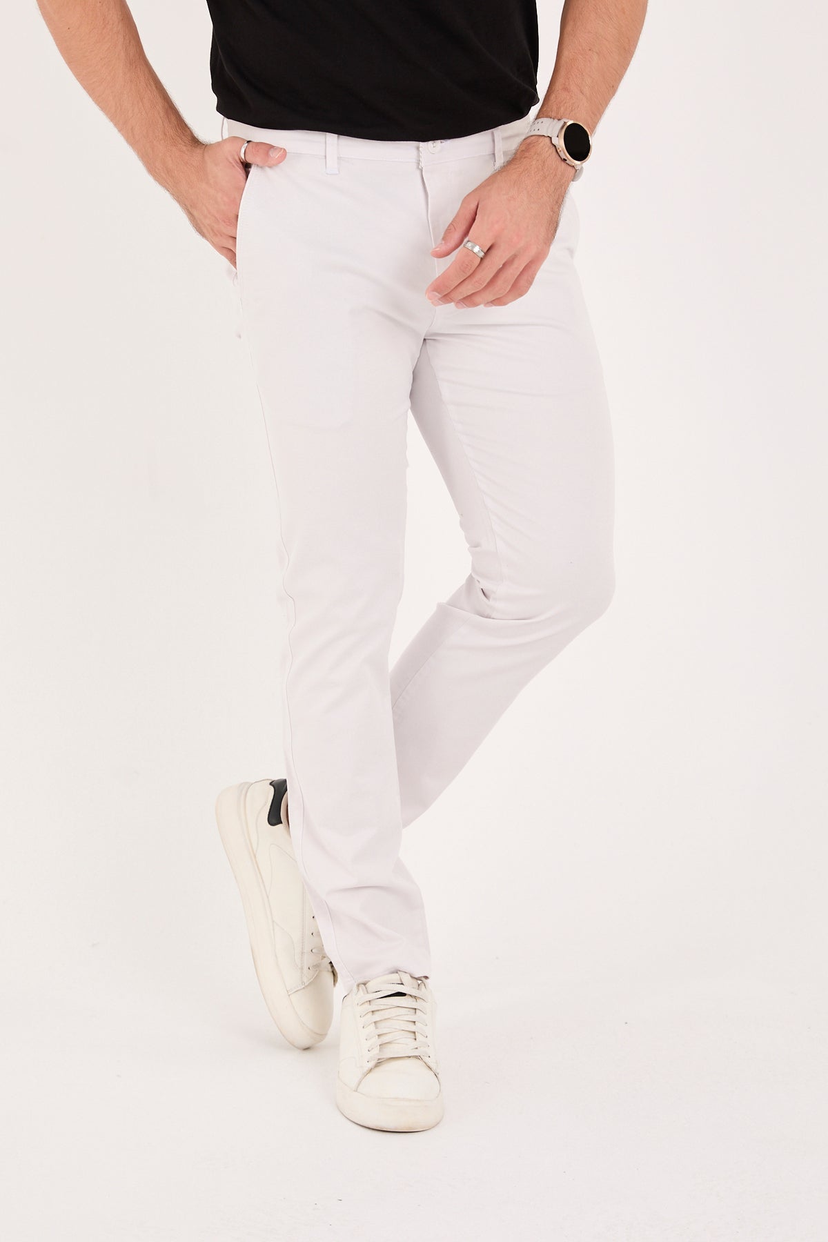 Erkek Slim Fit Dar Kesim Likralı Pamuklu Chino Kanvas Pantolon - Taş