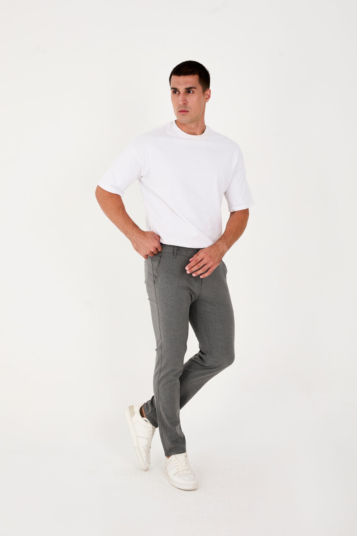 Erkek Jogger Slim Fit Bel Yarım Lastikli Likralı Kumaş Pantolon - Koyu Gri