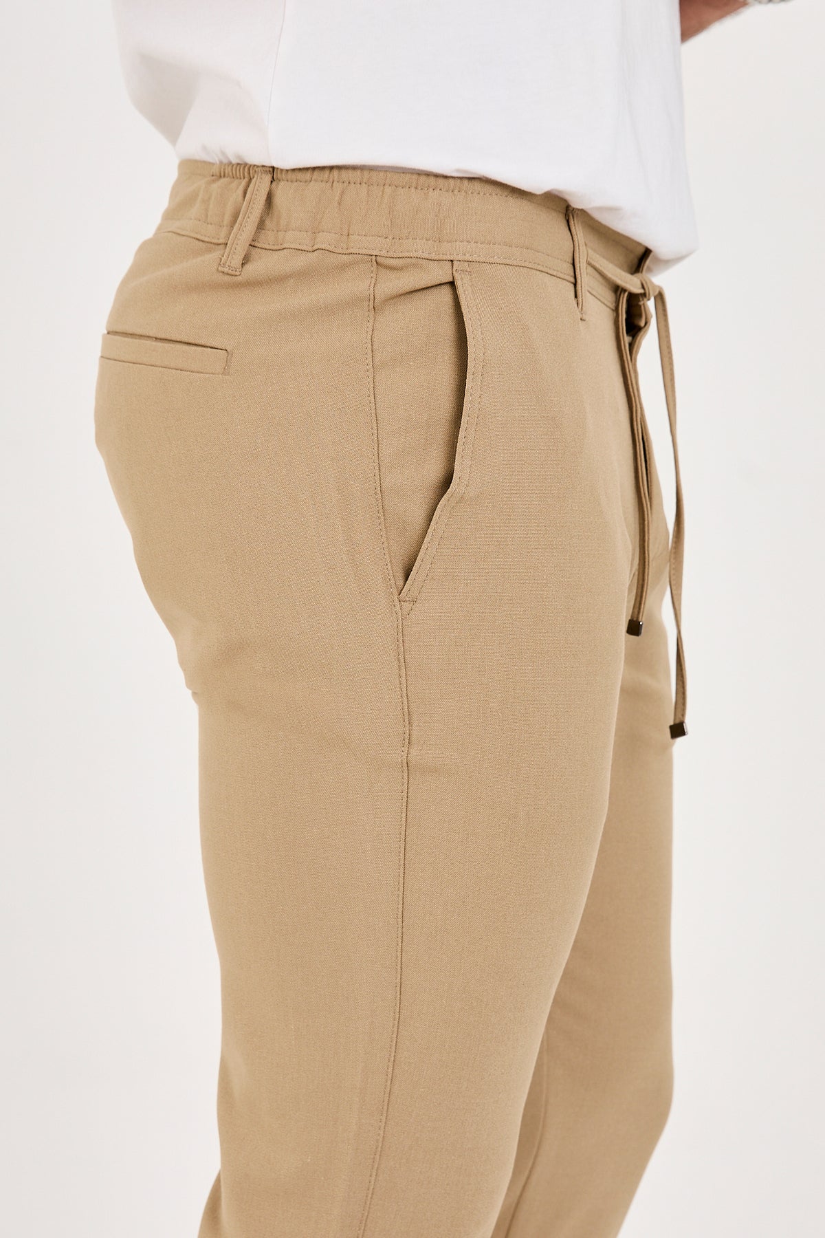 Erkek Jogger Slim Fit Bel Yarım Lastikli Likralı Kumaş Pantolon - Vizon