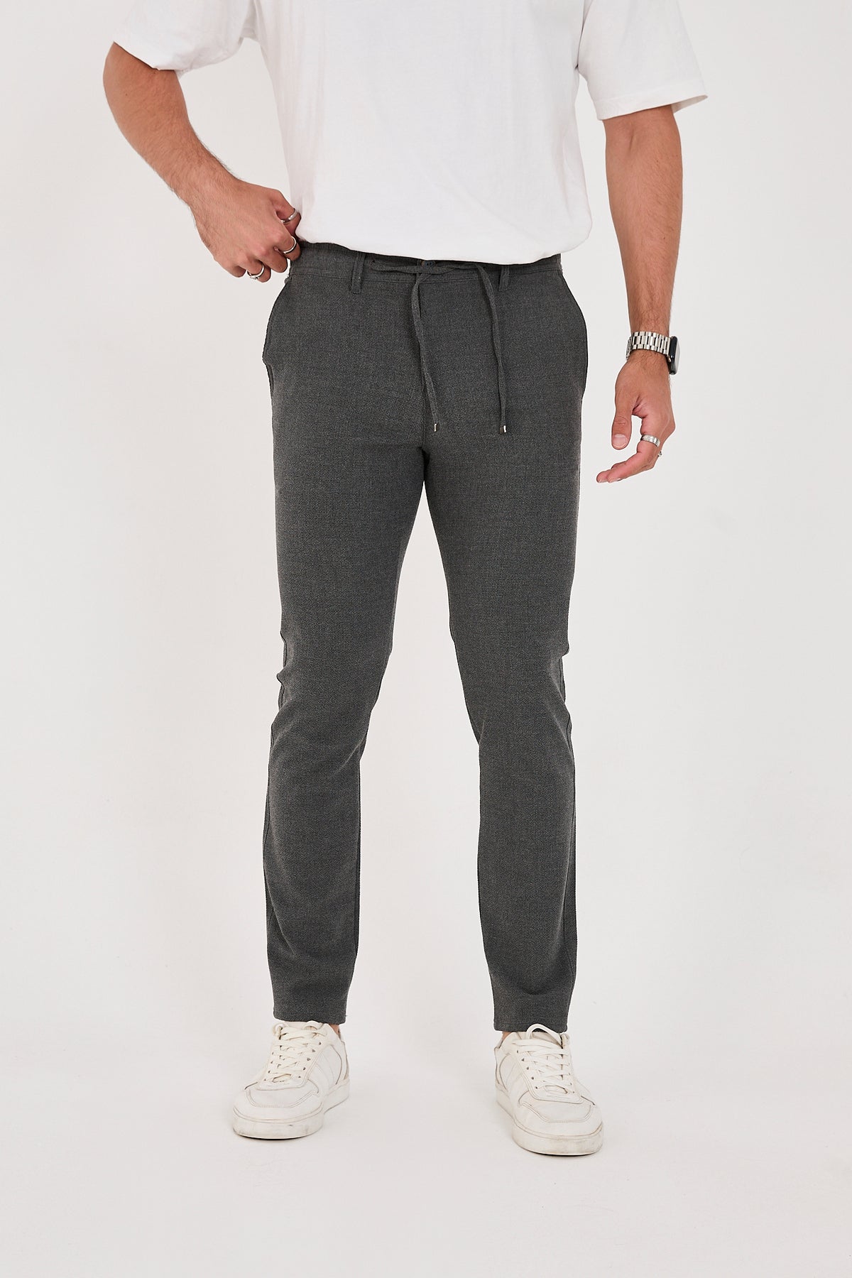 Erkek Gofre Kumaş Likralı Jogger Slim Fit Pantolon - Antrasit