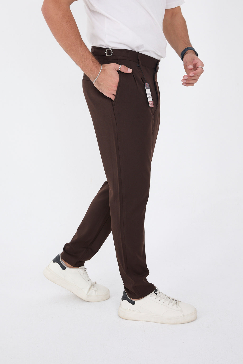 Erkek Kışlık Tokalı Kemerli İtalyan Kesim Boyfriend Pantolon - Kahverengi