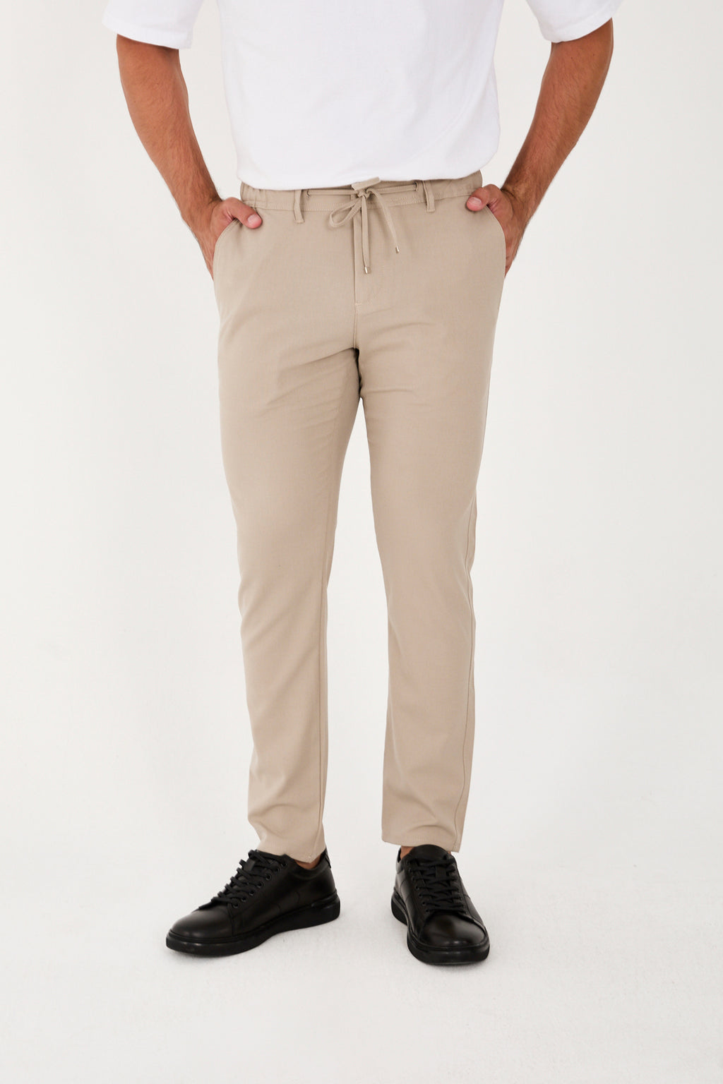 Erkek Jogger Slim Fit Bel Yarım Lastikli Likralı Kumaş Pantolon - Bej