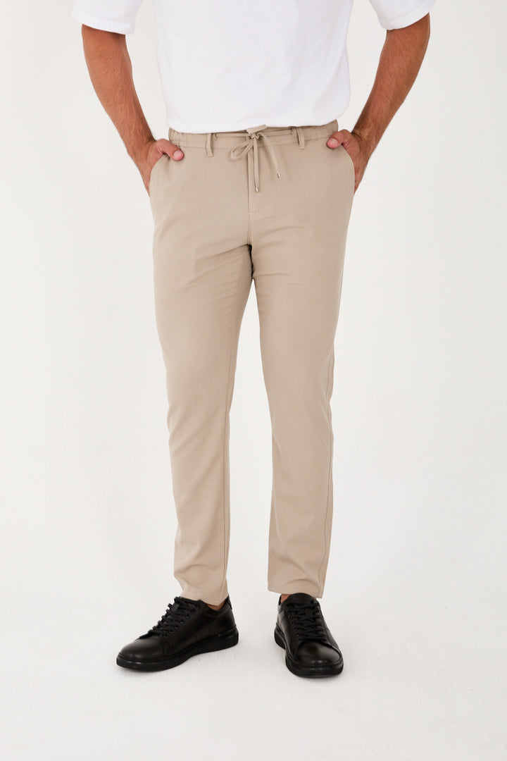 Erkek Jogger Slim Fit Bel Yarım Lastikli Likralı Kumaş Pantolon - Bej