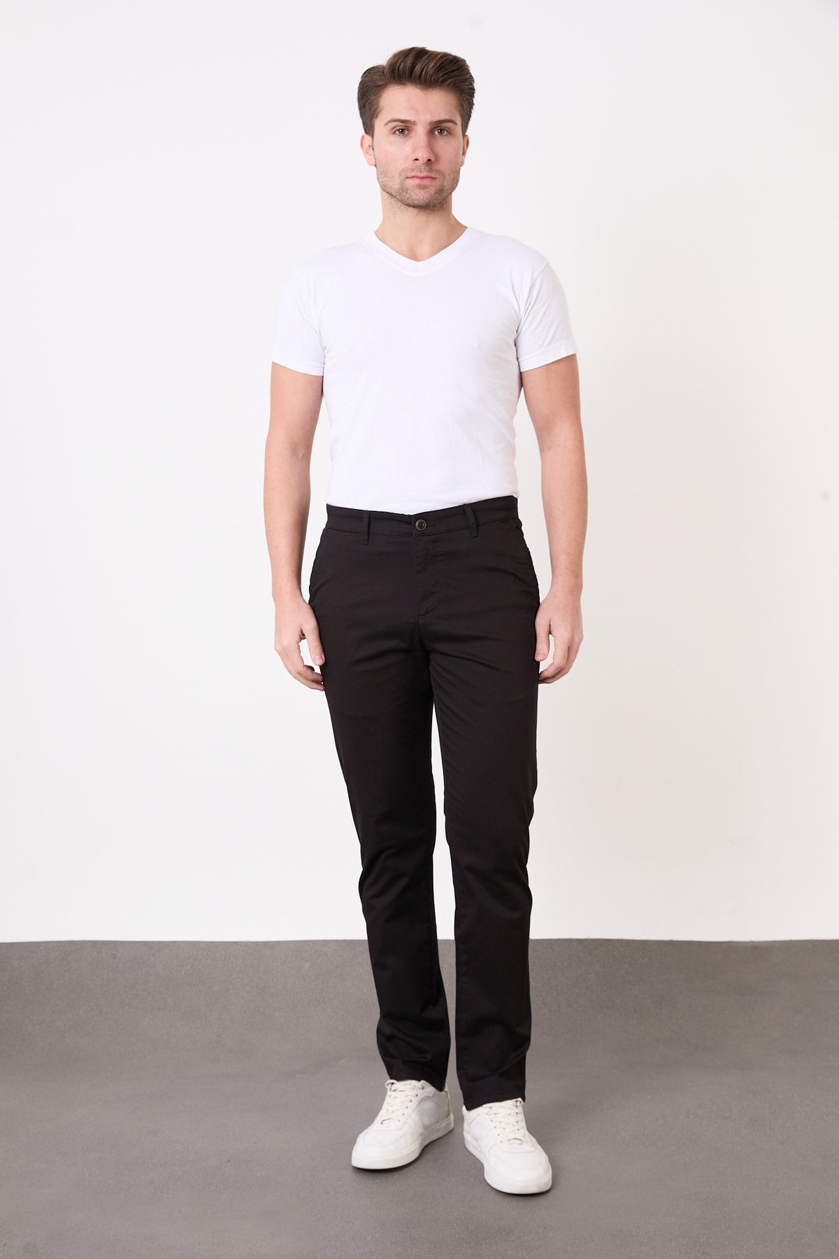 Erkek Regular Fit Geniş Kesim Likralı Pamuklu Chino Kanvas Pantolon - Siyah