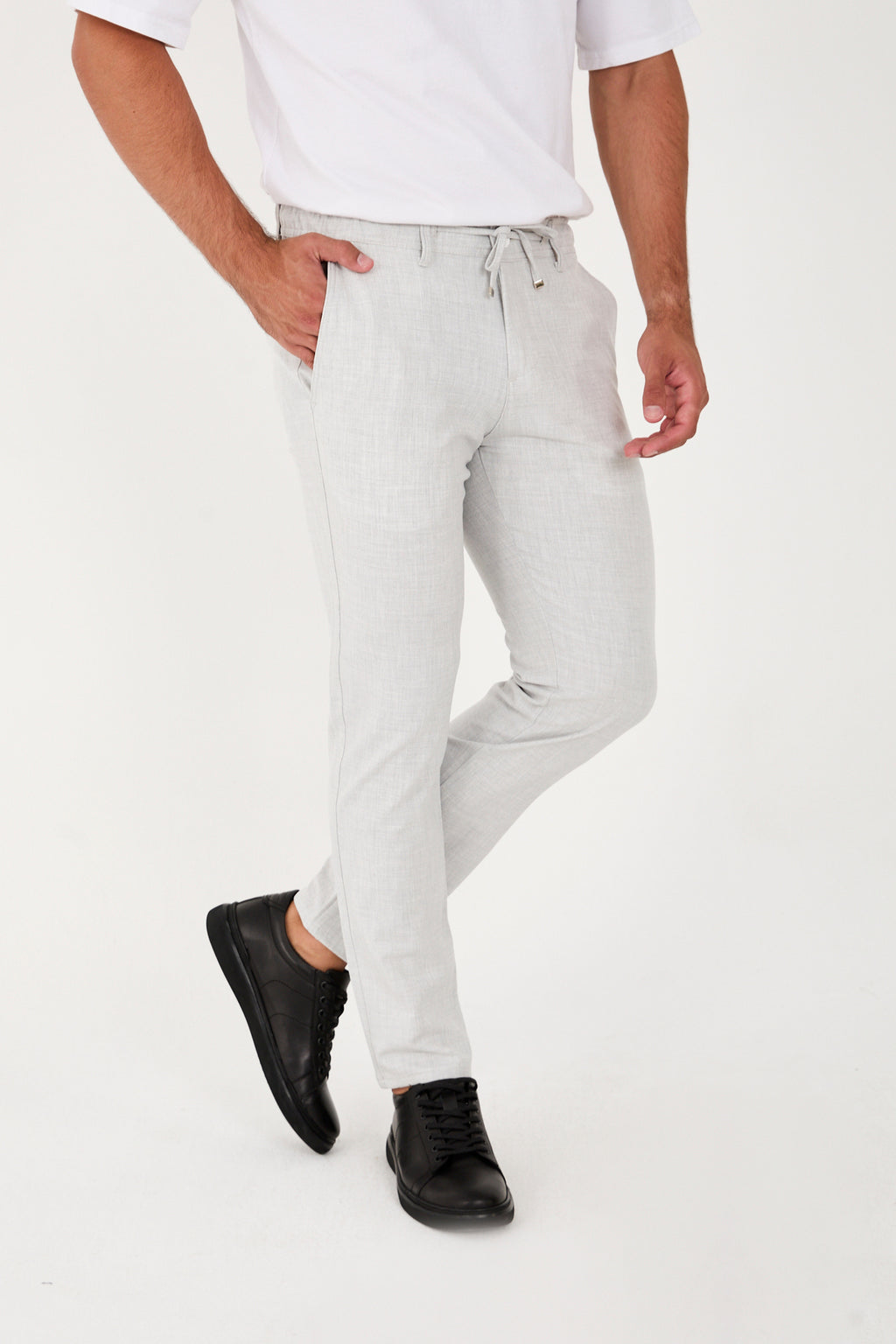 Erkek Jogger Slim Fit Bel Yarım Lastikli Likralı Kumaş Pantolon - Açık Gri