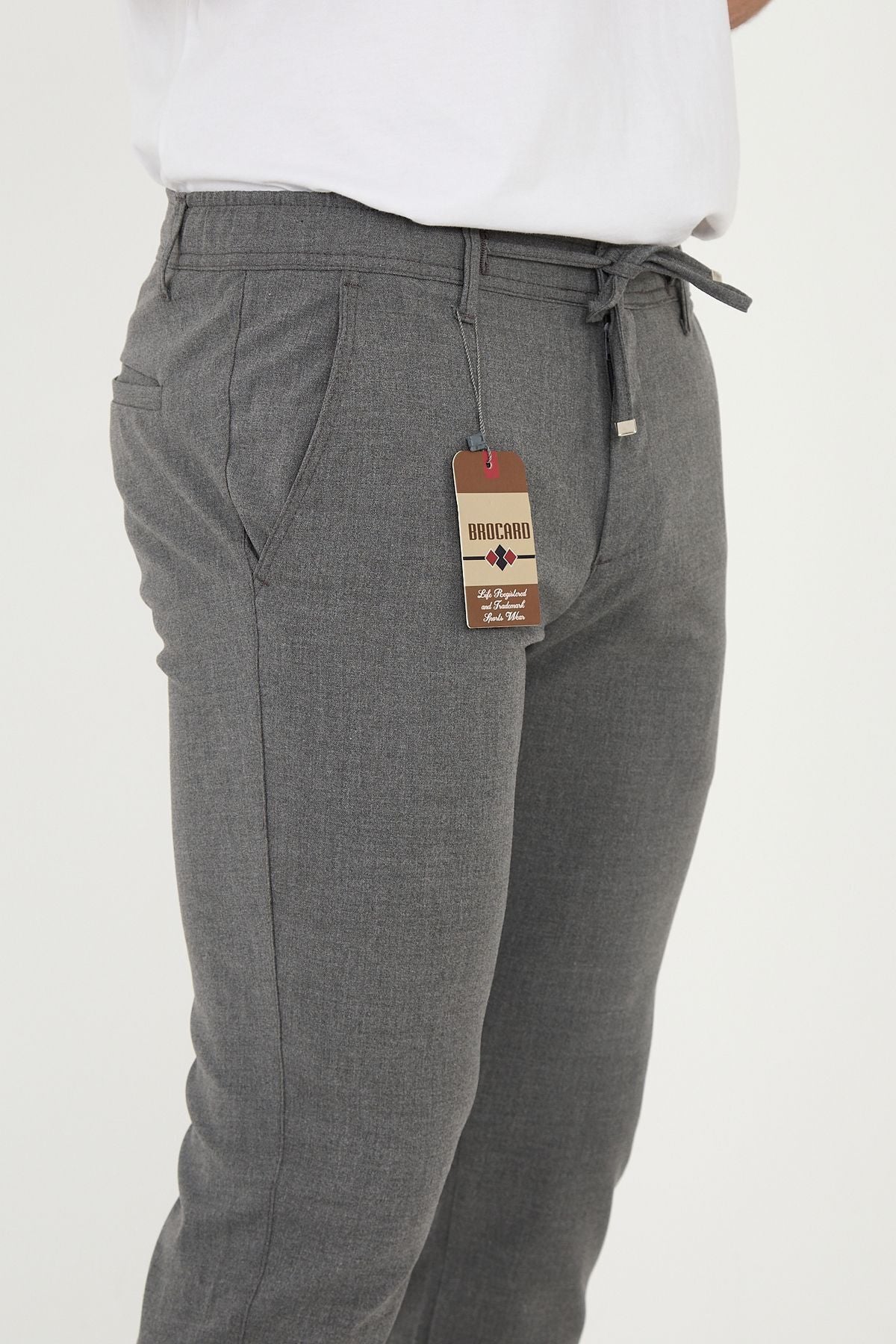 Erkek Jogger Slim Fit Bel Yarım Lastikli Duble Paça Kumaş Pantolon - Koyu Gri