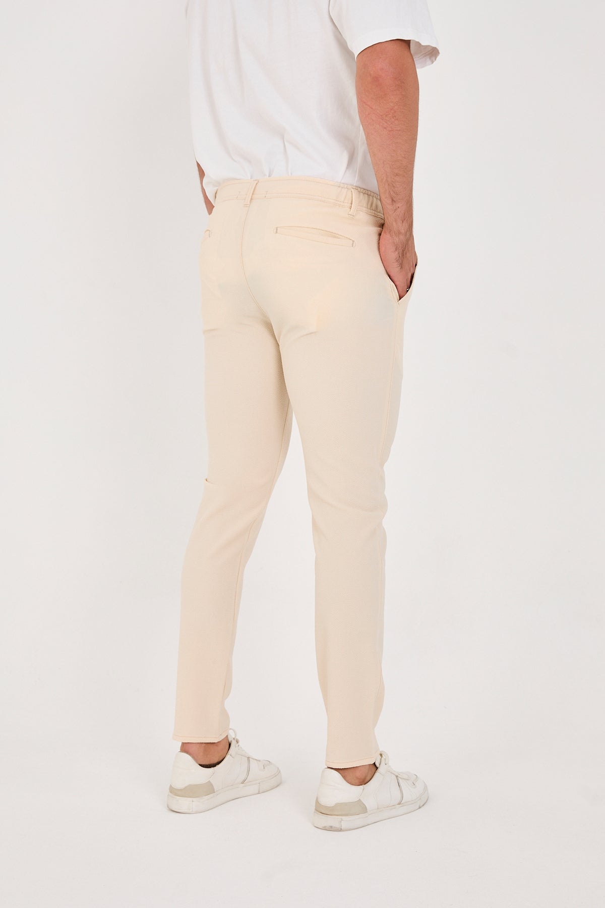 Erkek Gofre Kumaş Likralı Jogger Slim Fit Pantolon - Krem