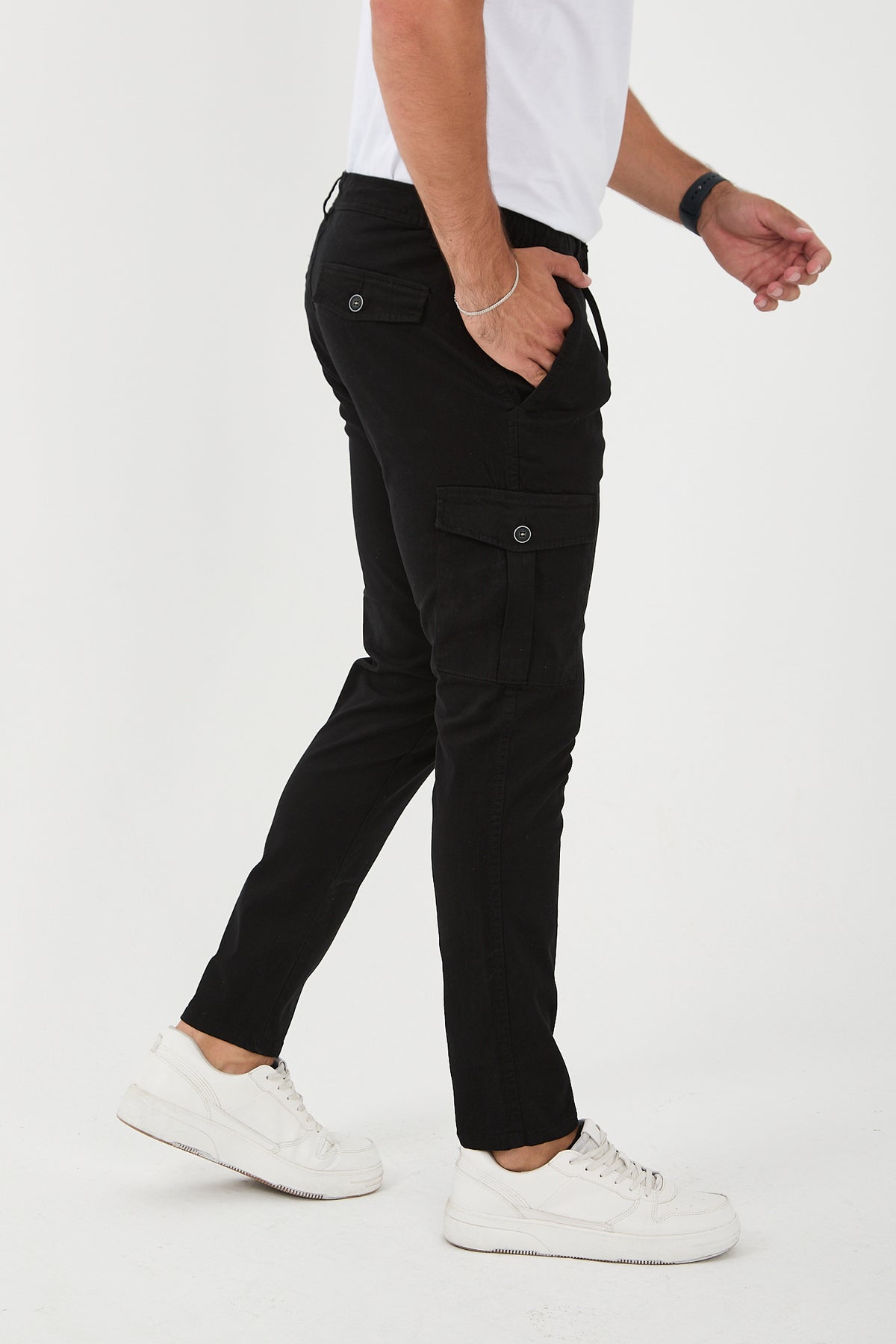 Erkek Bel Lastikli Kargo Cep Rahat Pantolon - Siyah
