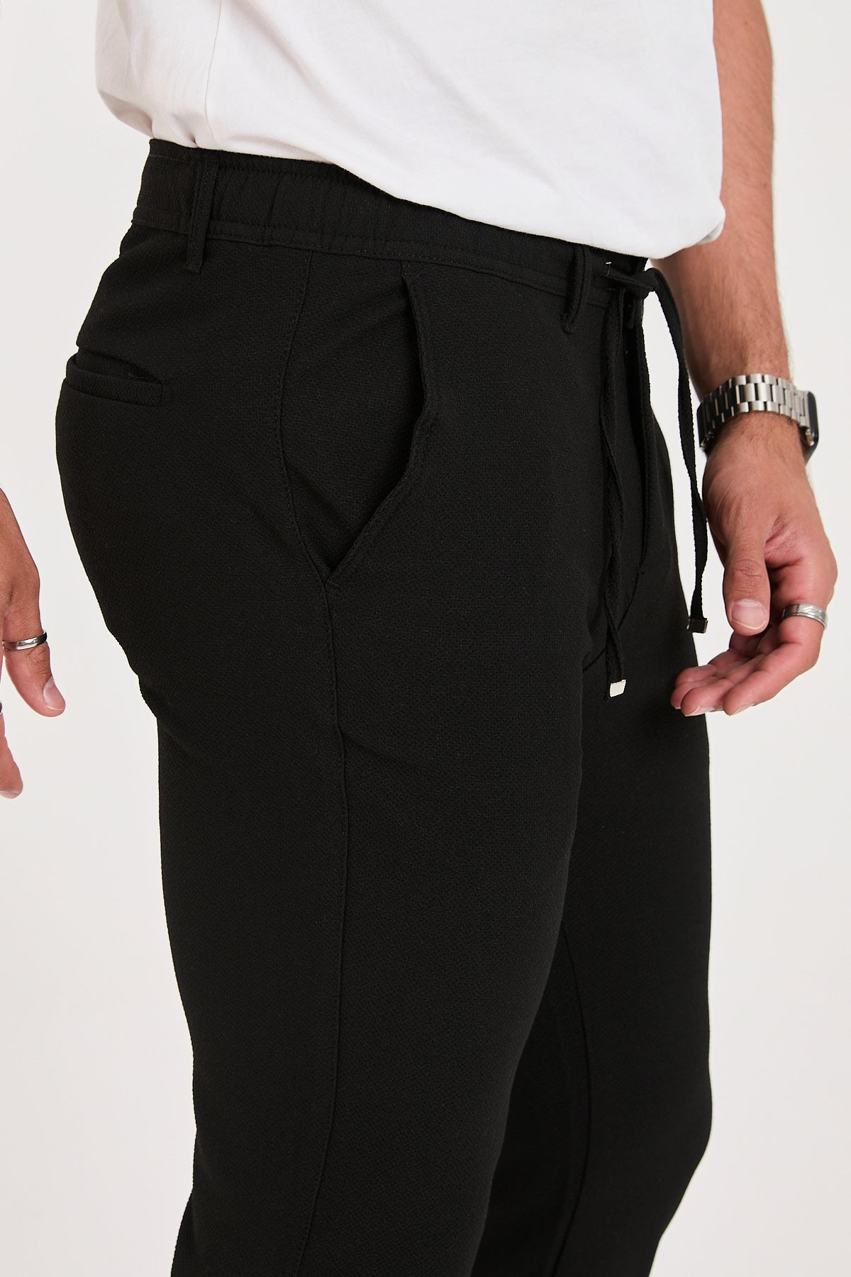 Erkek Gofre Kumaş Likralı Jogger Slim Fit Pantolon - Siyah