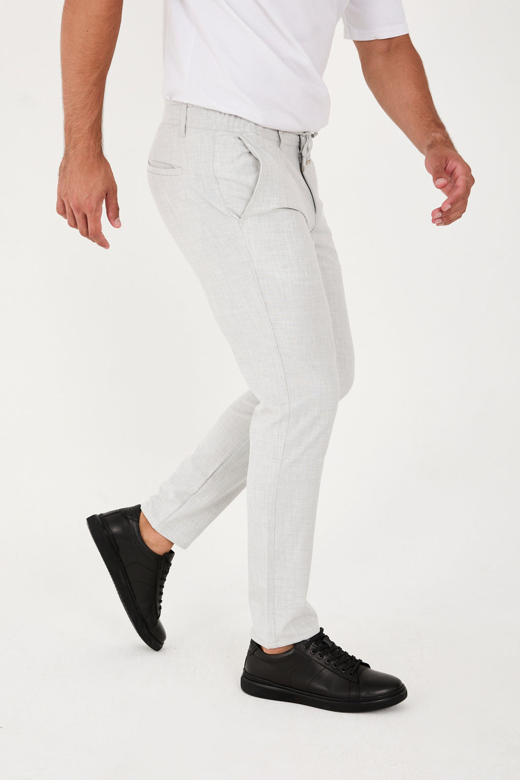 Erkek Jogger Slim Fit Bel Yarım Lastikli Likralı Kumaş Pantolon - Açık Gri