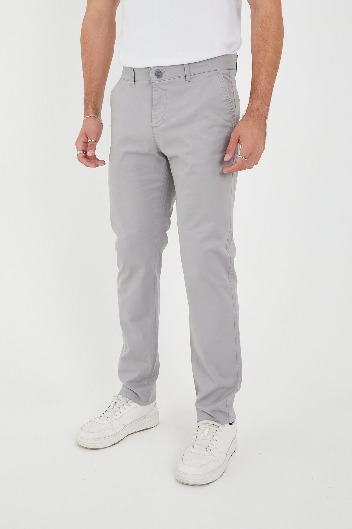 Erkek Kışlık Regular Fit Likralı Gabardin Chino Pantolon - Açık Gri