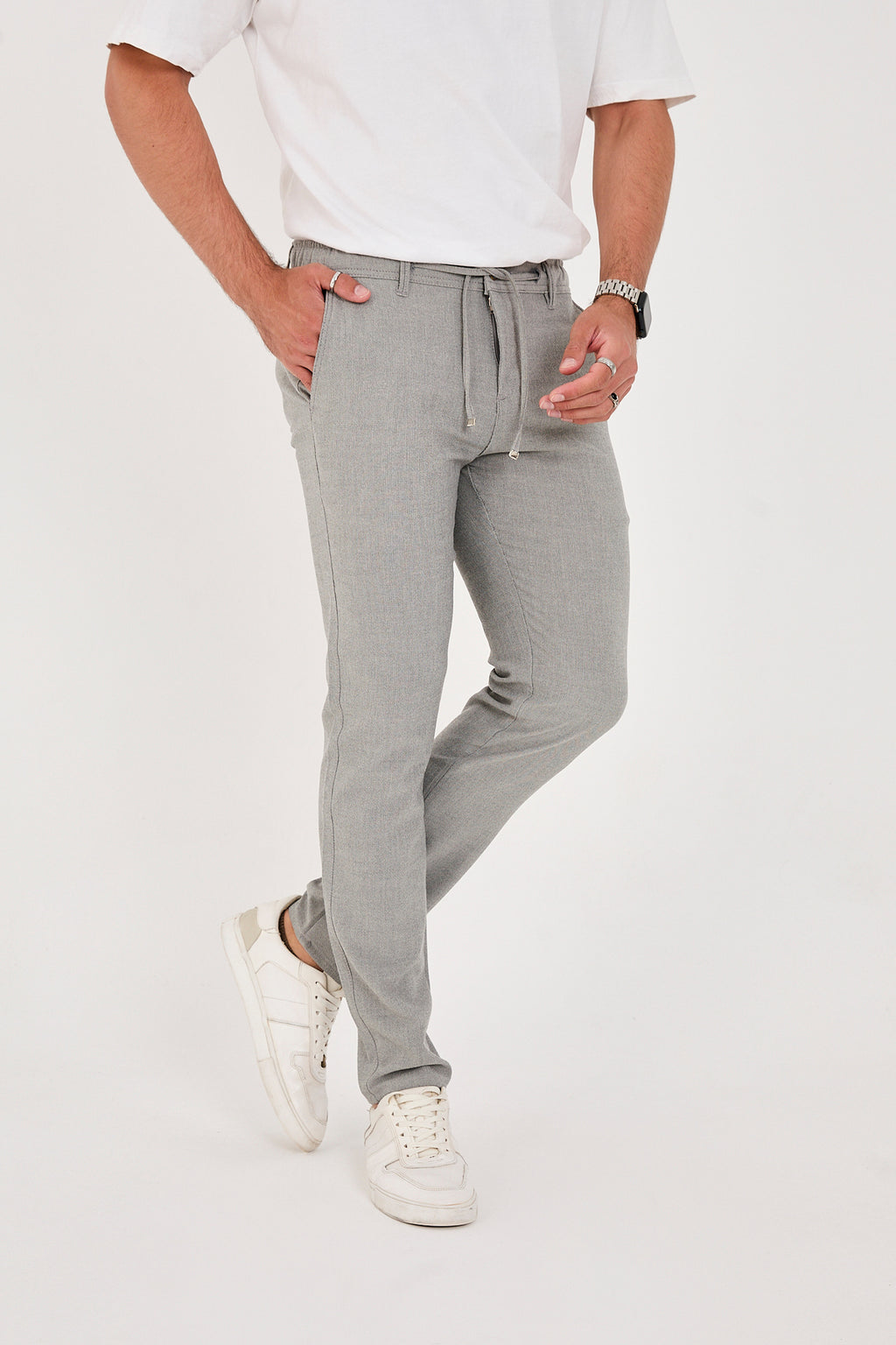 Erkek Gofre Kumaş Likralı Jogger Slim Fit Pantolon - Gri