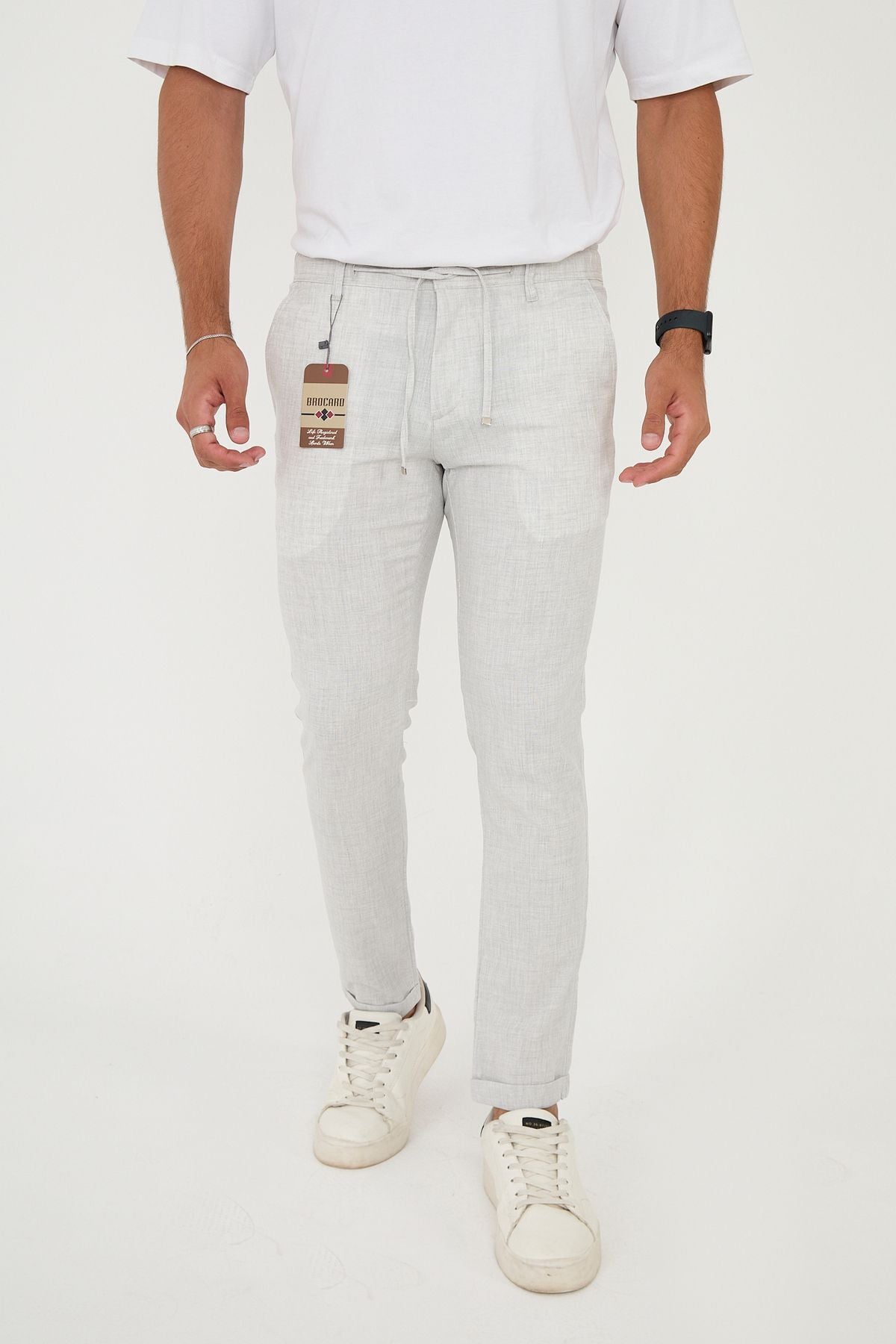 Erkek Jogger Slim Fit Bel Yarım Lastikli Duble Paça Kumaş Pantolon - Açık Gri