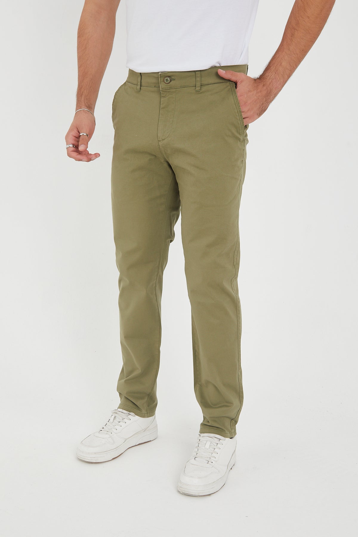 Erkek Kışlık Regular Fit Likralı Gabardin Chino Pantolon - Haki
