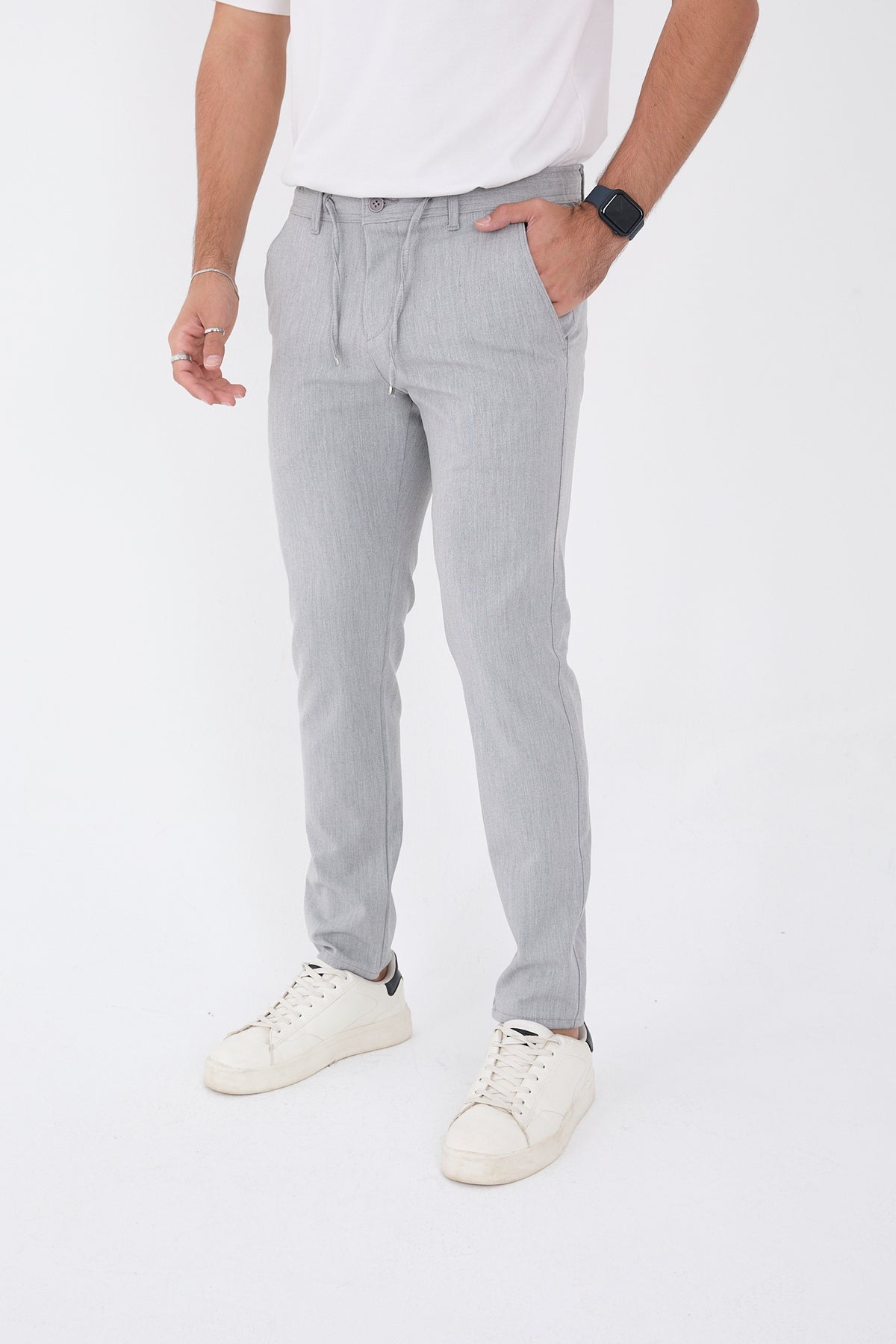 Erkek Kışlık Jogger Slim Fit Bel Yarım Lastikli Kumaş Pantolon - Gri
