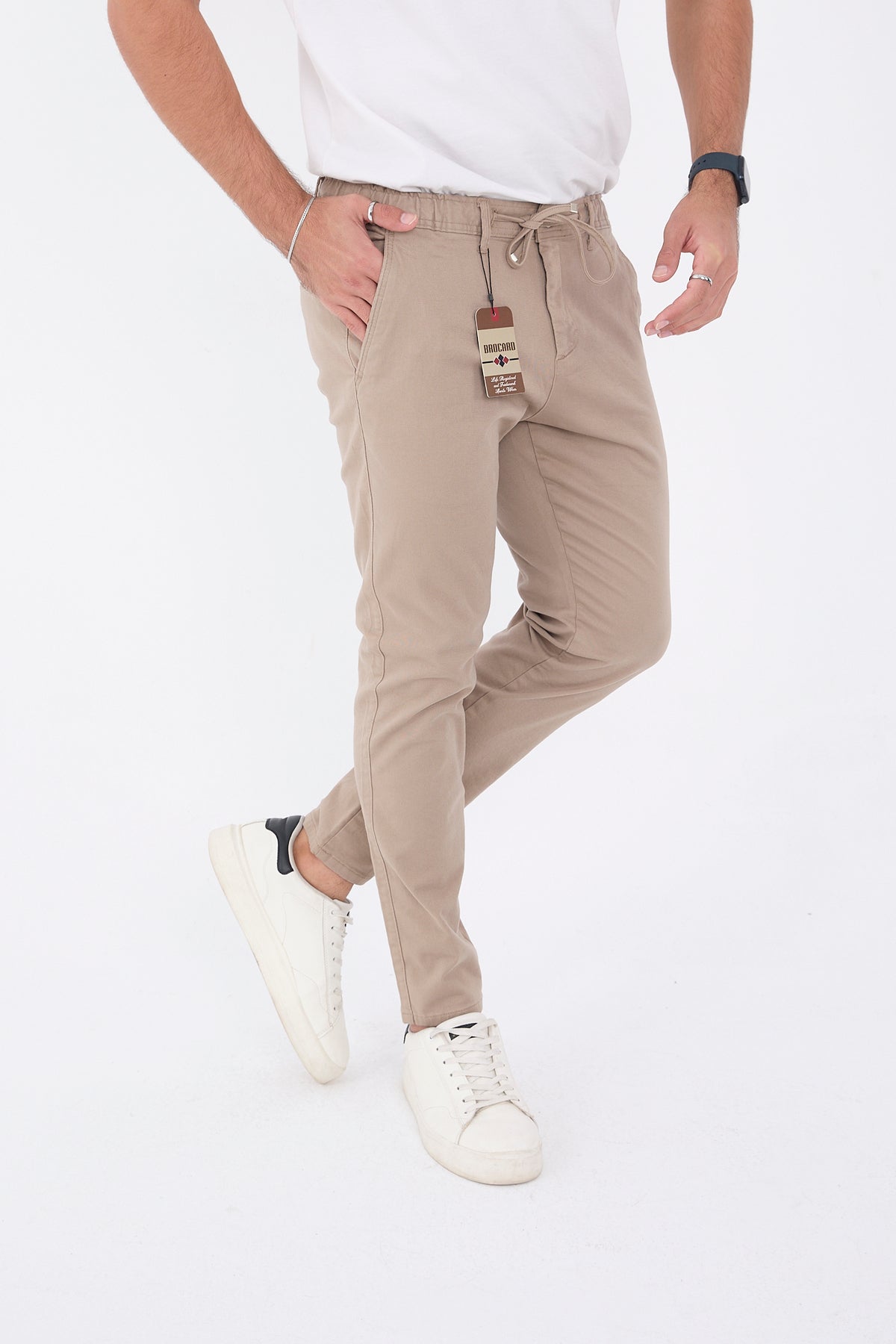 Erkek Mevsimlik Jogger Slim Fit Bel Yarım Lastikli Likralı Keten Pantolon - Bej