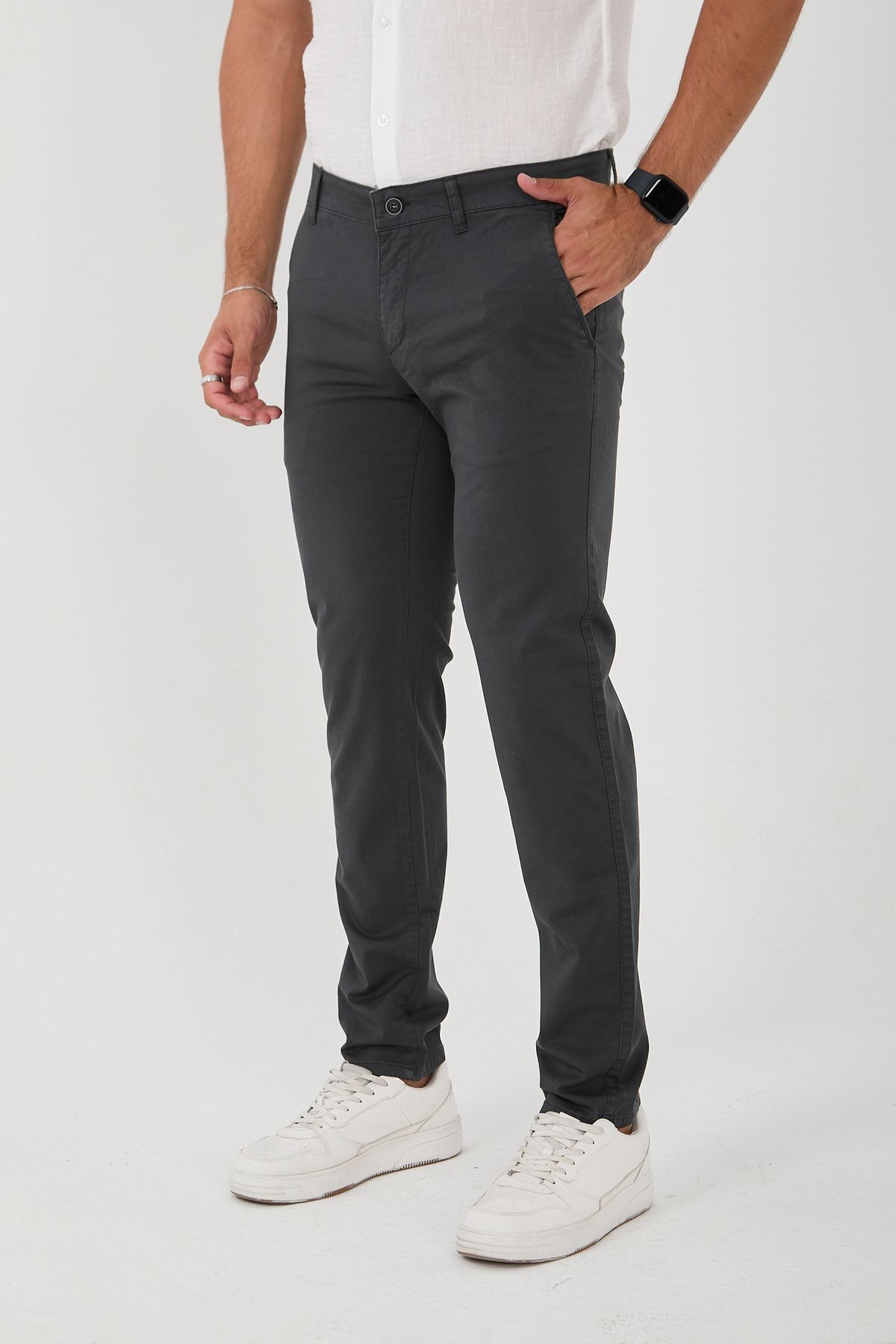 Erkek Likralı Slim Fit Chino Pantolon - Antrasit