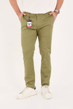 Erkek Slim Fit Dar Kesim Likralı Pamuklu Chino Kanvas Pantolon - Haki