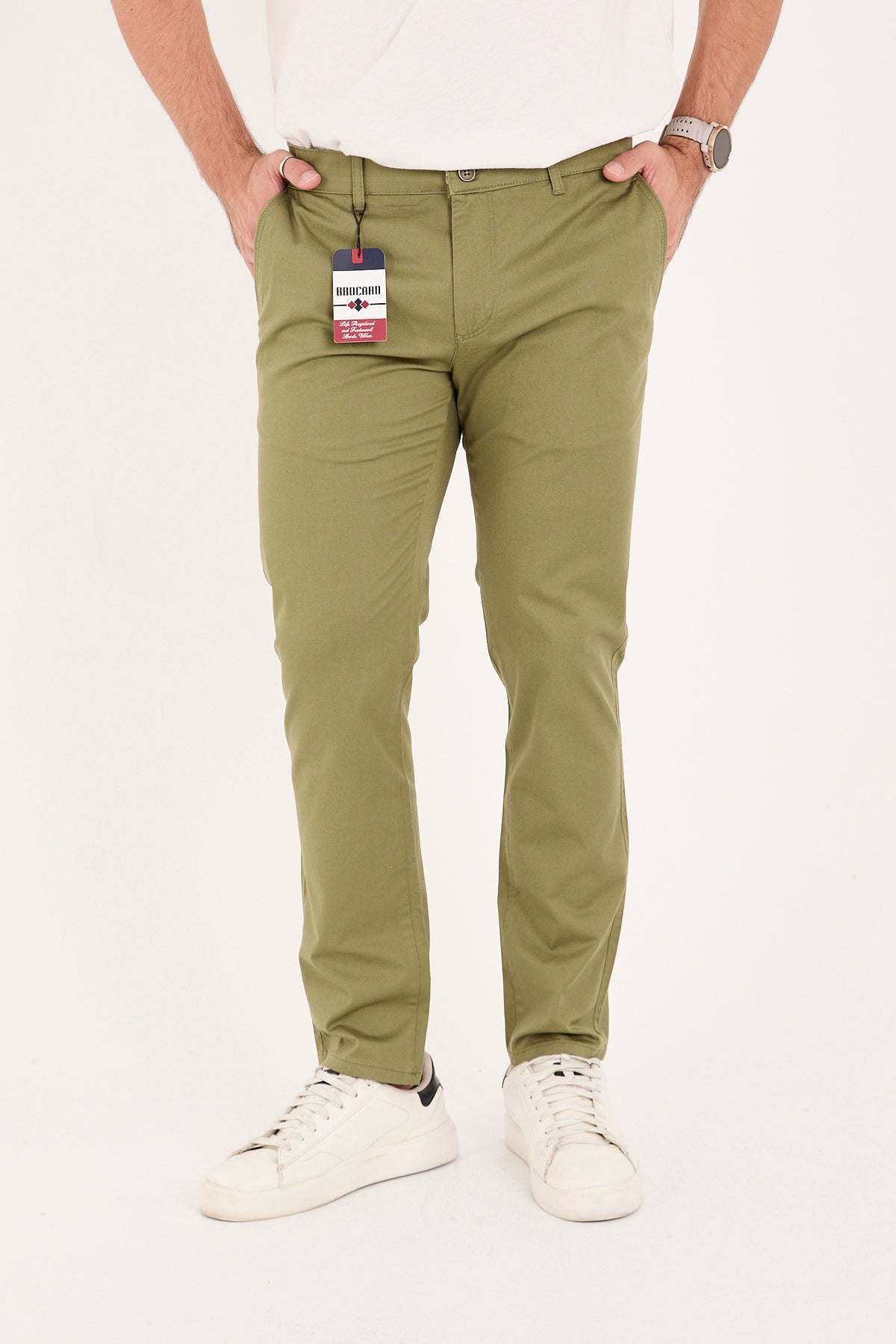 Erkek Slim Fit Dar Kesim Likralı Pamuklu Chino Kanvas Pantolon - Haki