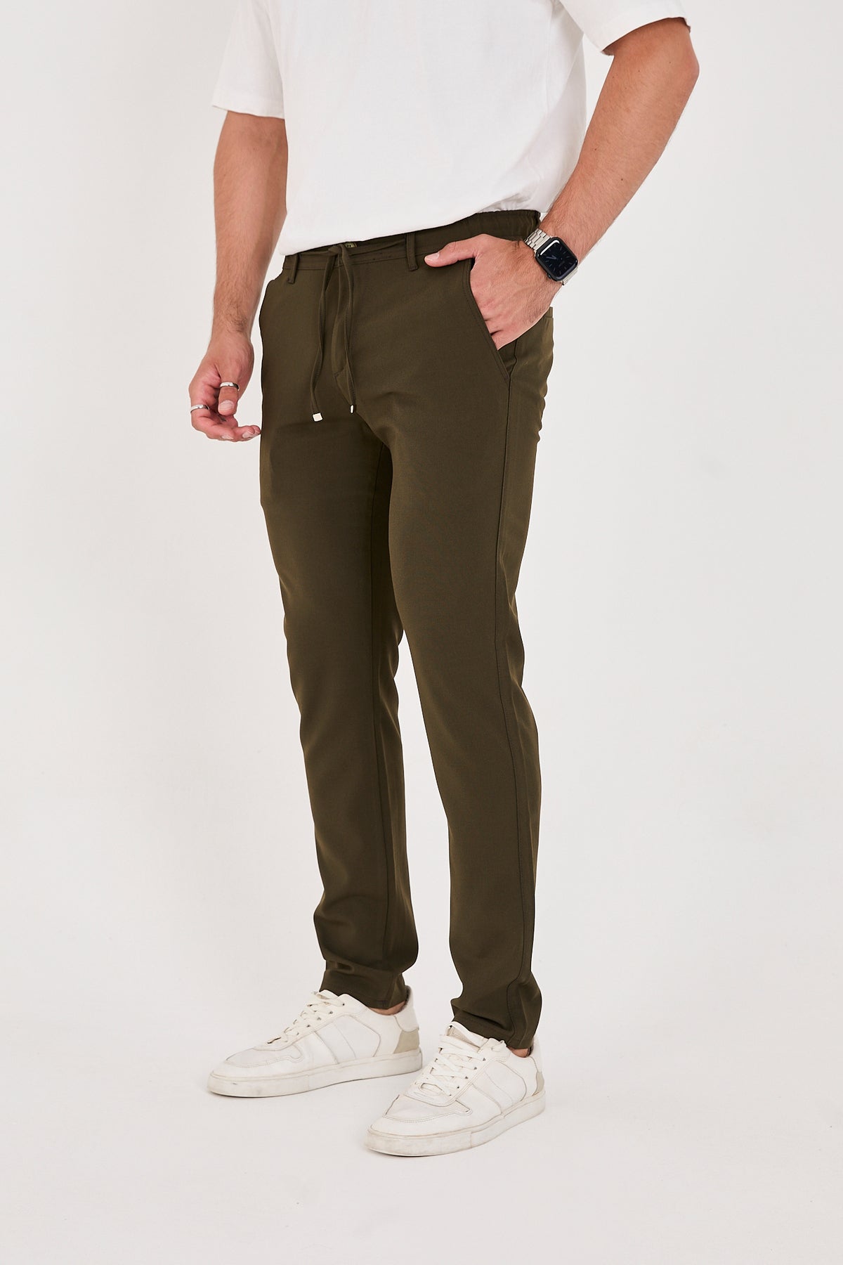 Erkek Jogger Slim Fit Bel Yarım Lastikli Likralı Kumaş Pantolon - Haki