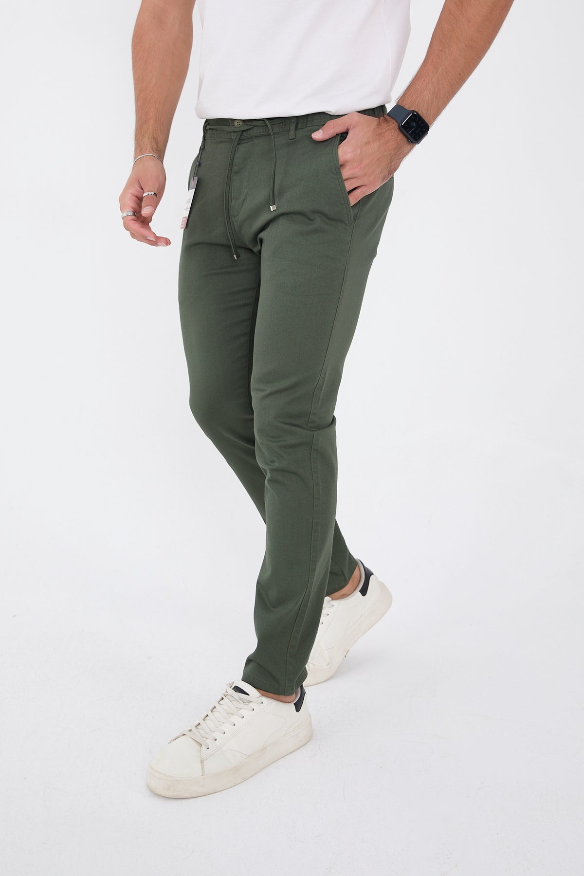 Erkek Mevsimlik Jogger Slim Fit Bel Yarım Lastikli Likralı Keten Pantolon - Haki