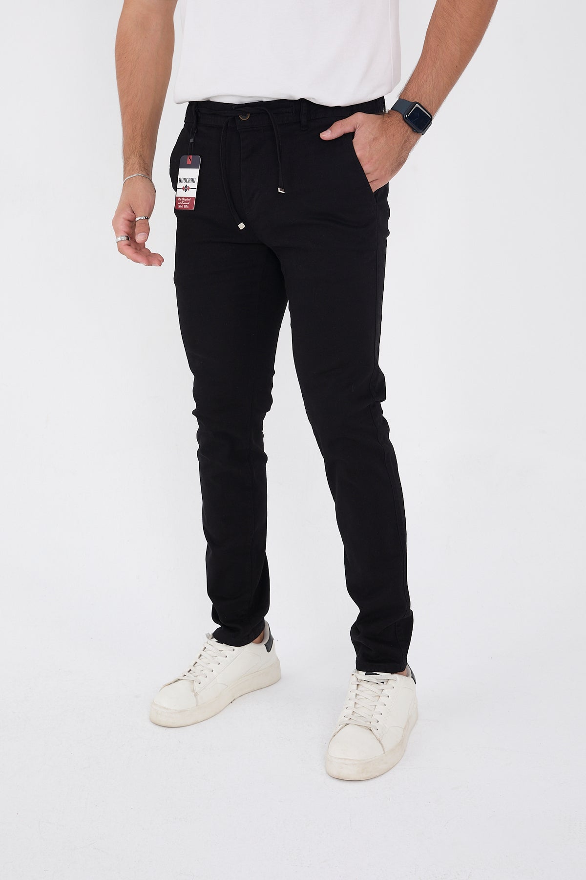 Erkek Mevsimlik Jogger Slim Fit Bel Yarım Lastikli Likralı Keten Pantolon - Siyah