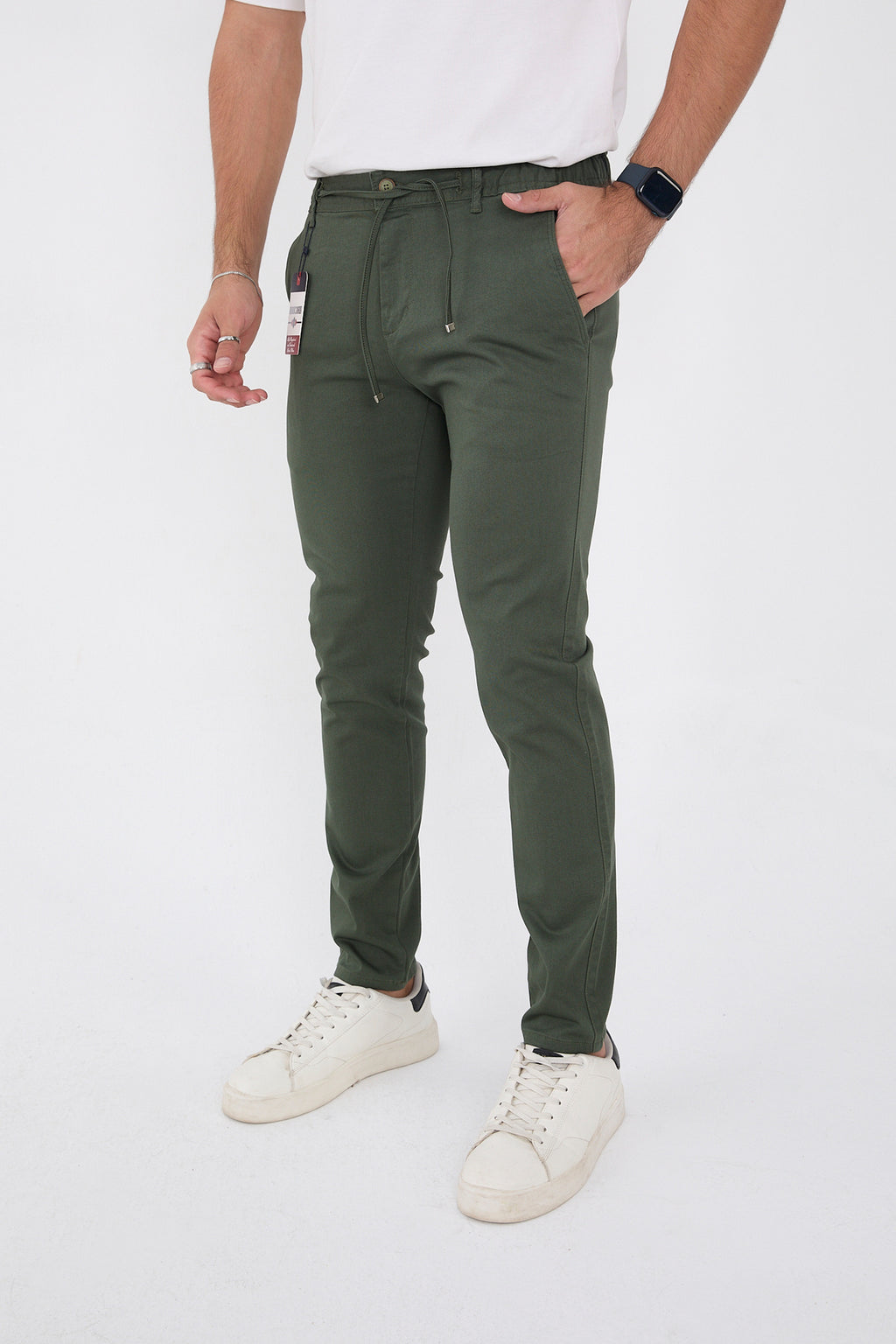 Erkek Mevsimlik Jogger Slim Fit Bel Yarım Lastikli Likralı Keten Pantolon - Haki