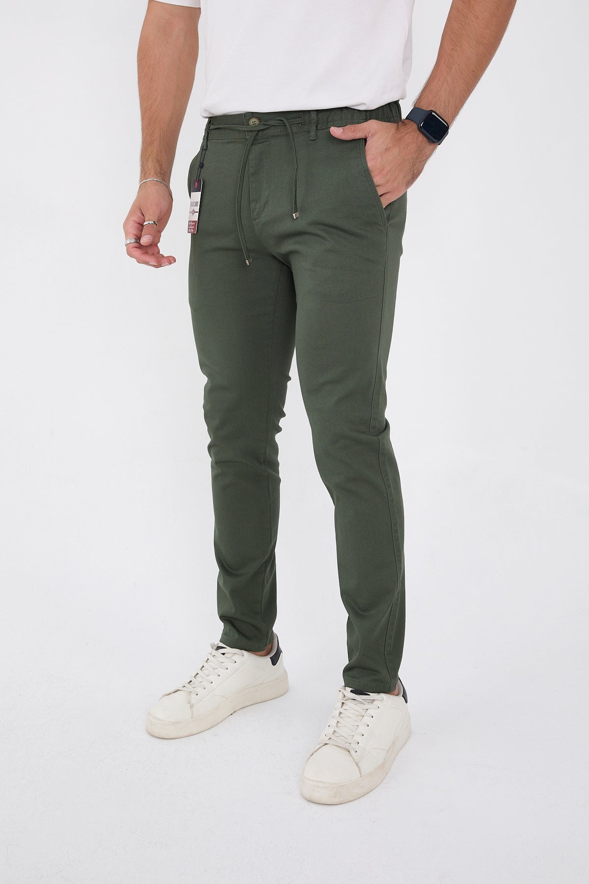 Erkek Mevsimlik Jogger Slim Fit Bel Yarım Lastikli Likralı Keten Pantolon - Haki