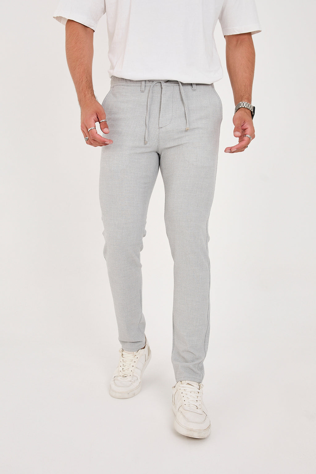 Erkek Gofre Kumaş Likralı Jogger Slim Fit Pantolon - Açık Gri