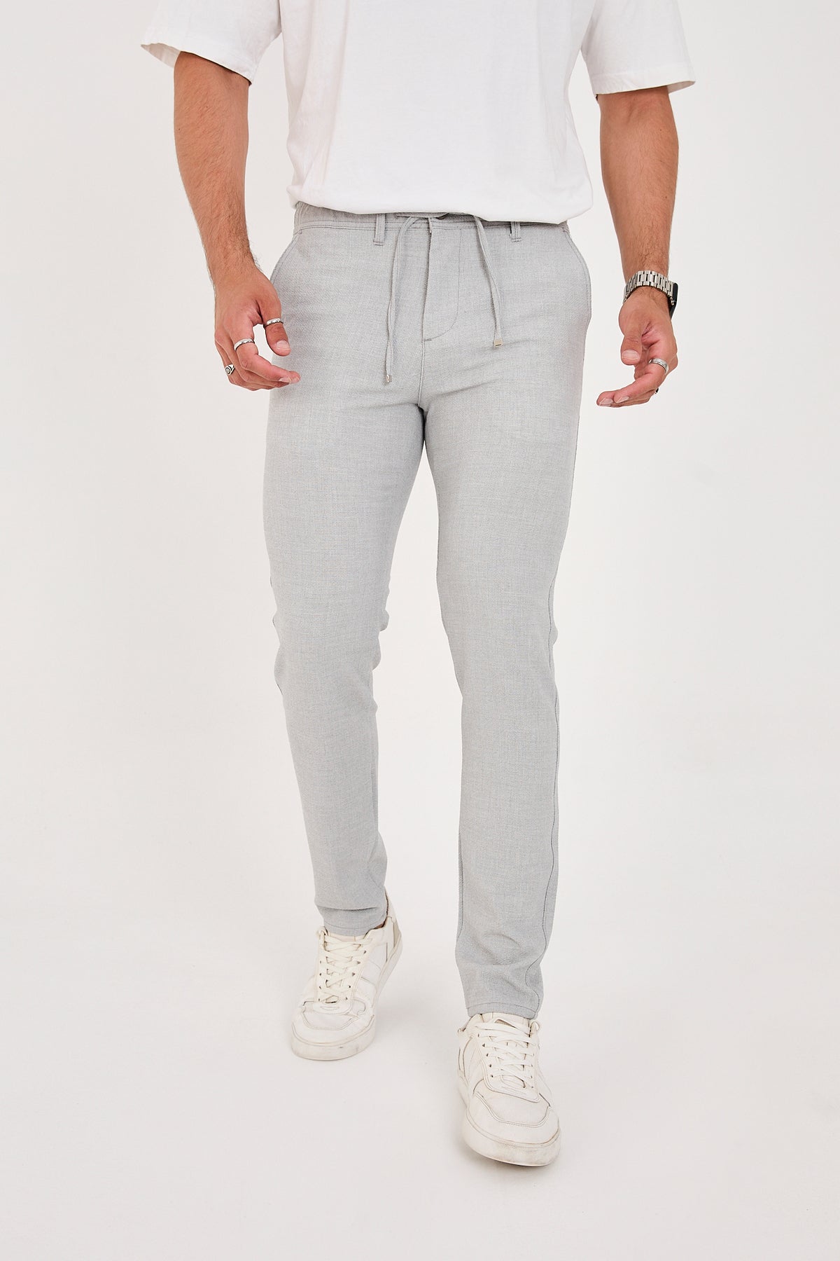 Erkek Gofre Kumaş Likralı Jogger Slim Fit Pantolon - Açık Gri