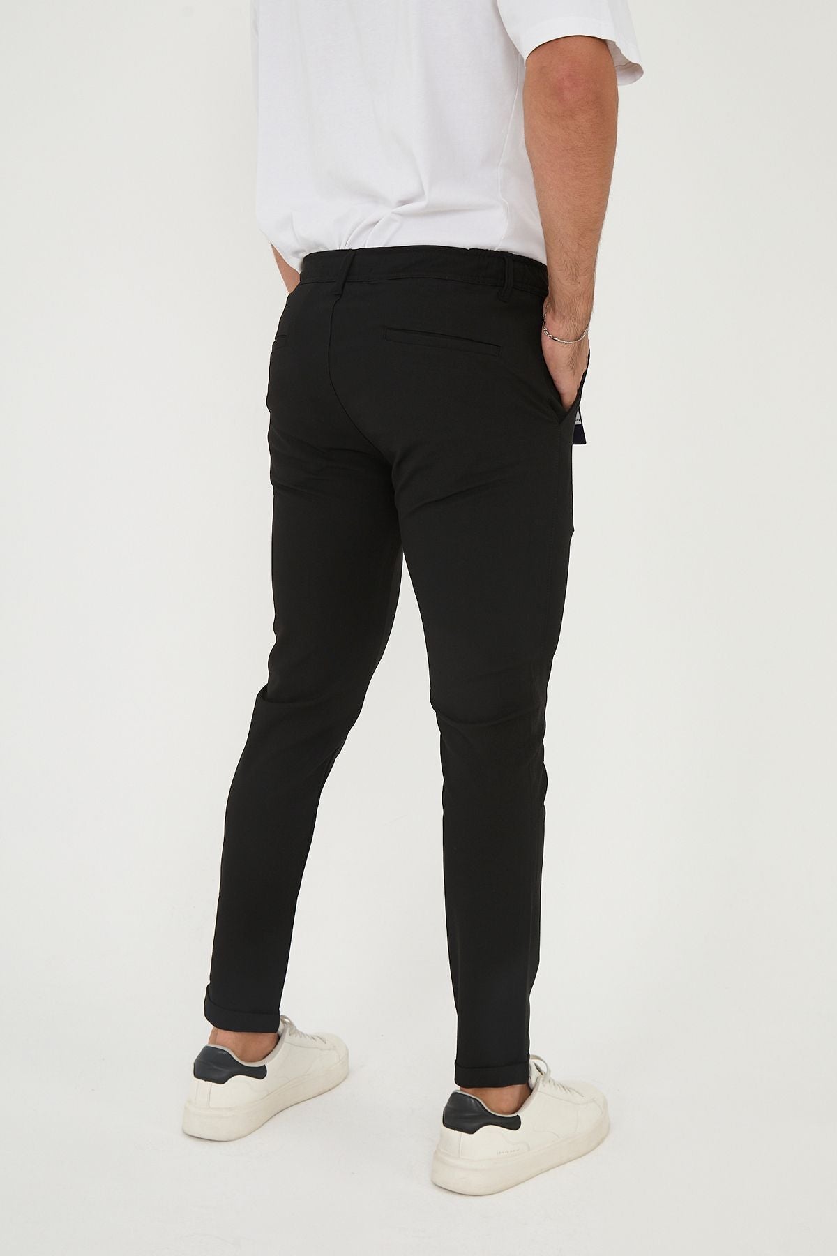 Erkek Jogger Slim Fit Bel Yarım Lastikli Duble Paça Kumaş Pantolon - Siyah