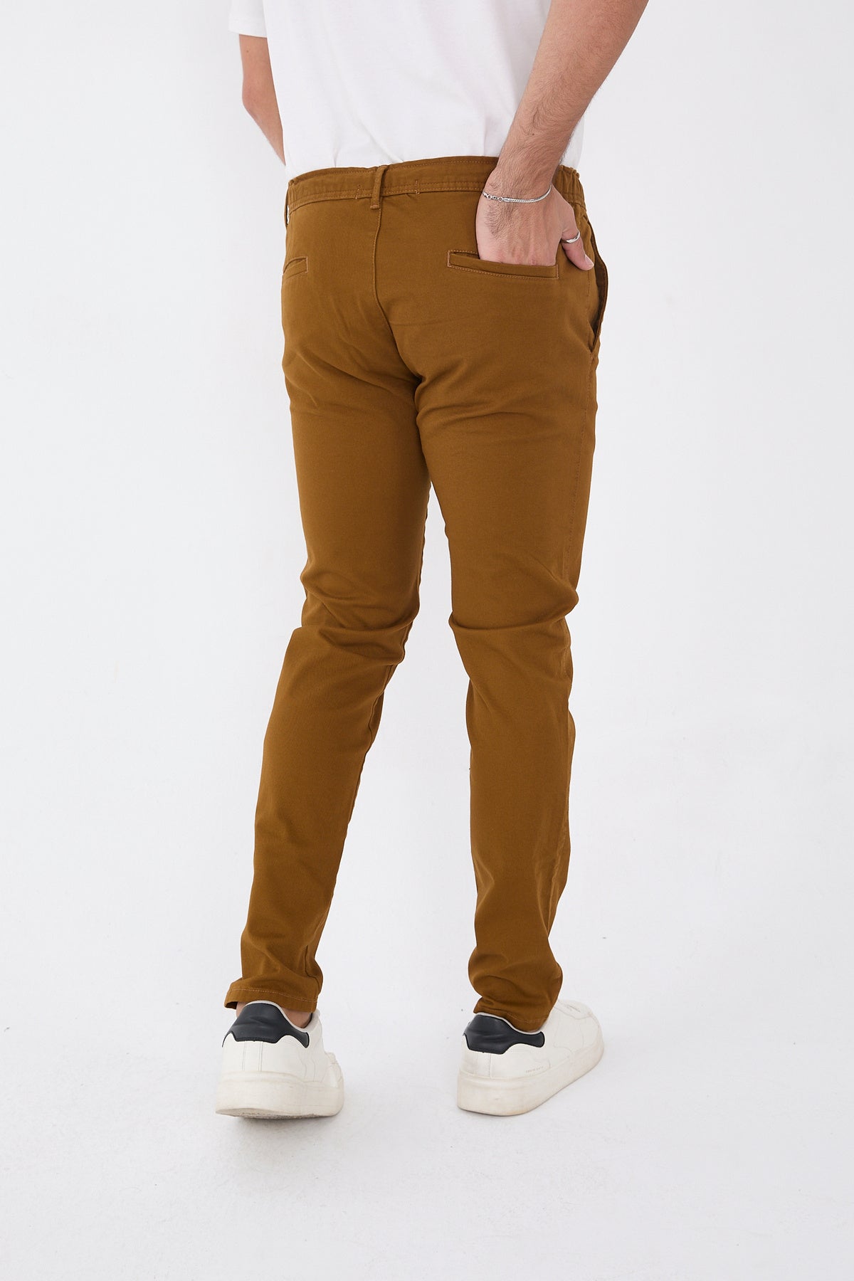 Erkek Mevsimlik Jogger Slim Fit Bel Yarım Lastikli Likralı Keten Pantolon - Camel