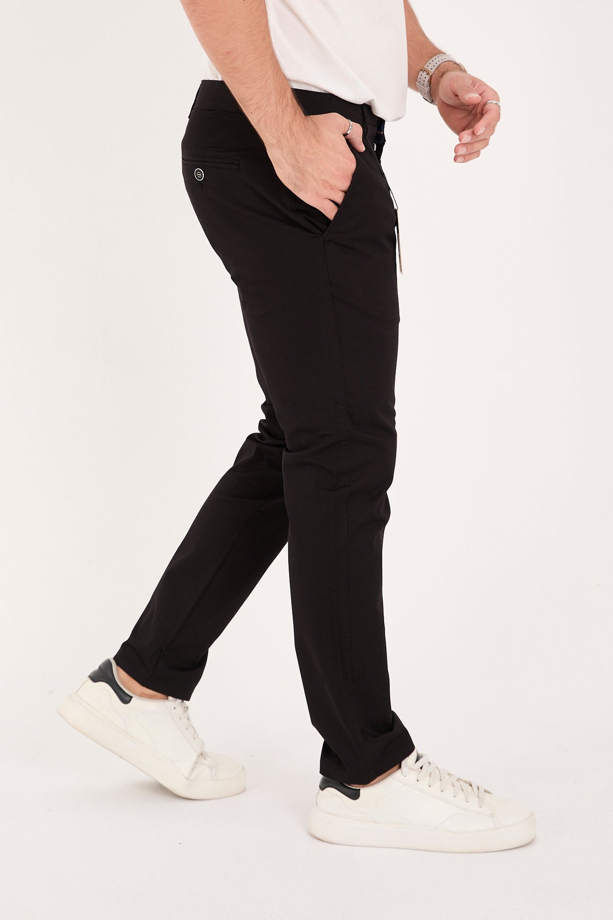 Erkek Slim Fit Dar Kesim Likralı Pamuklu Chino Kanvas Pantolon - Siyah