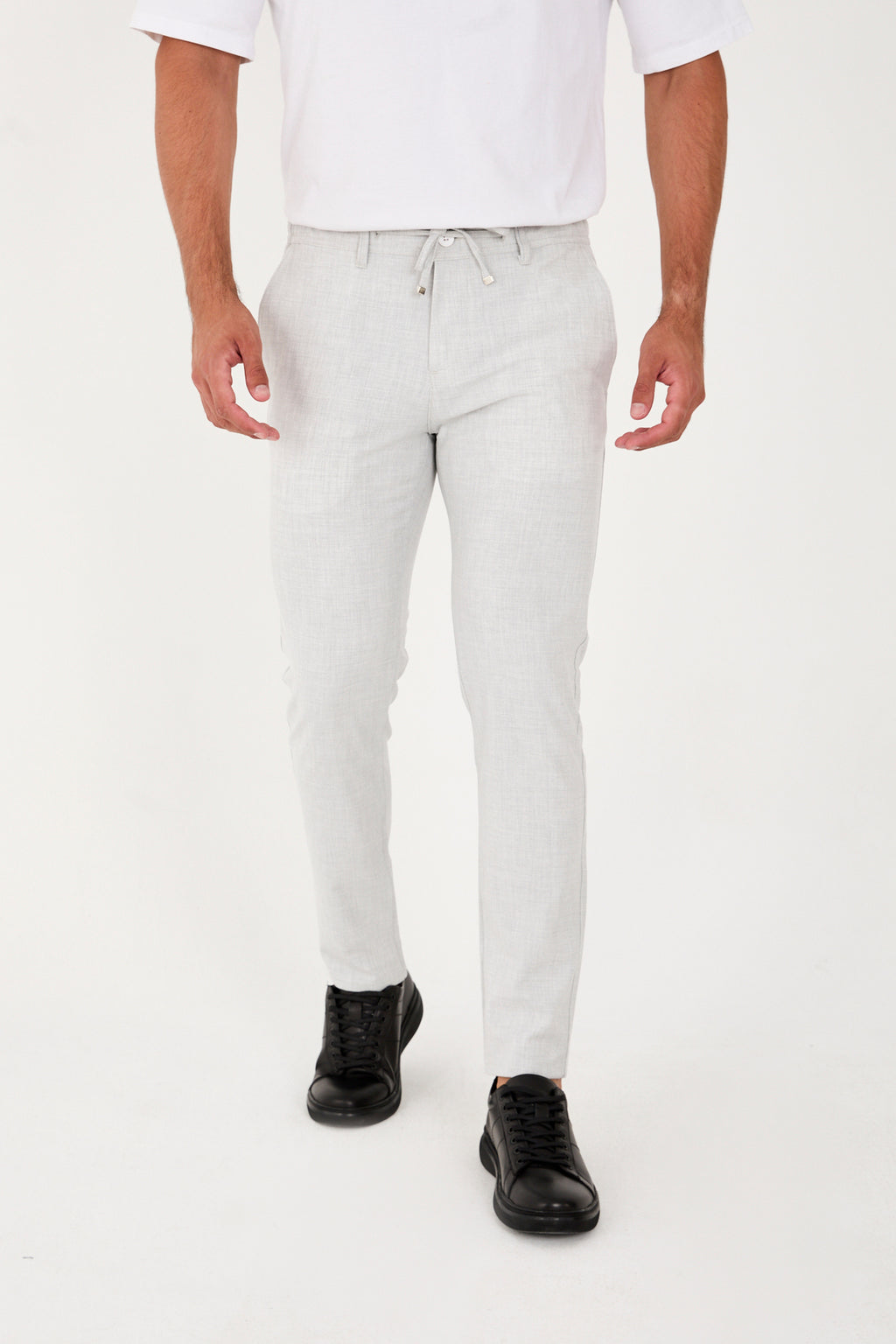Erkek Jogger Slim Fit Bel Yarım Lastikli Likralı Kumaş Pantolon - Açık Gri