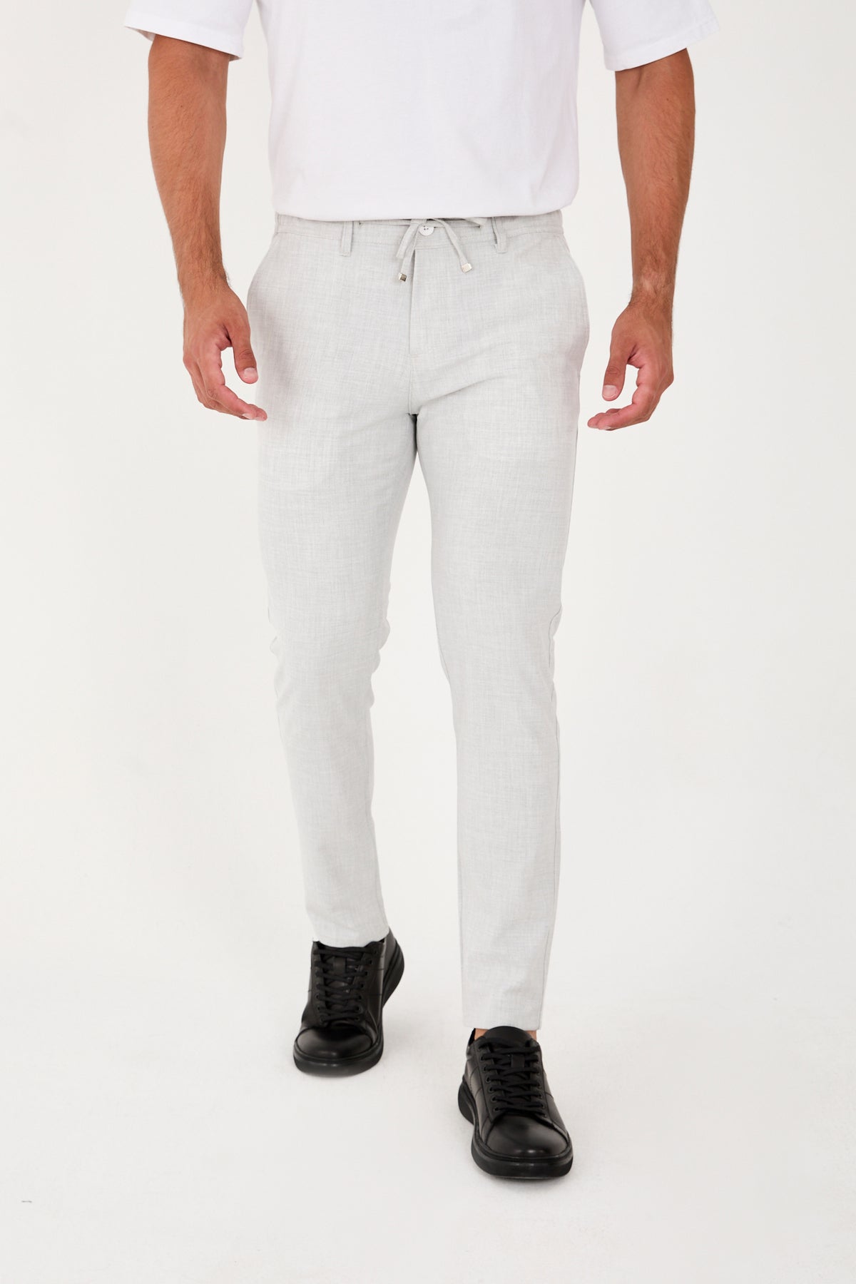 Erkek Jogger Slim Fit Bel Yarım Lastikli Likralı Kumaş Pantolon - Açık Gri