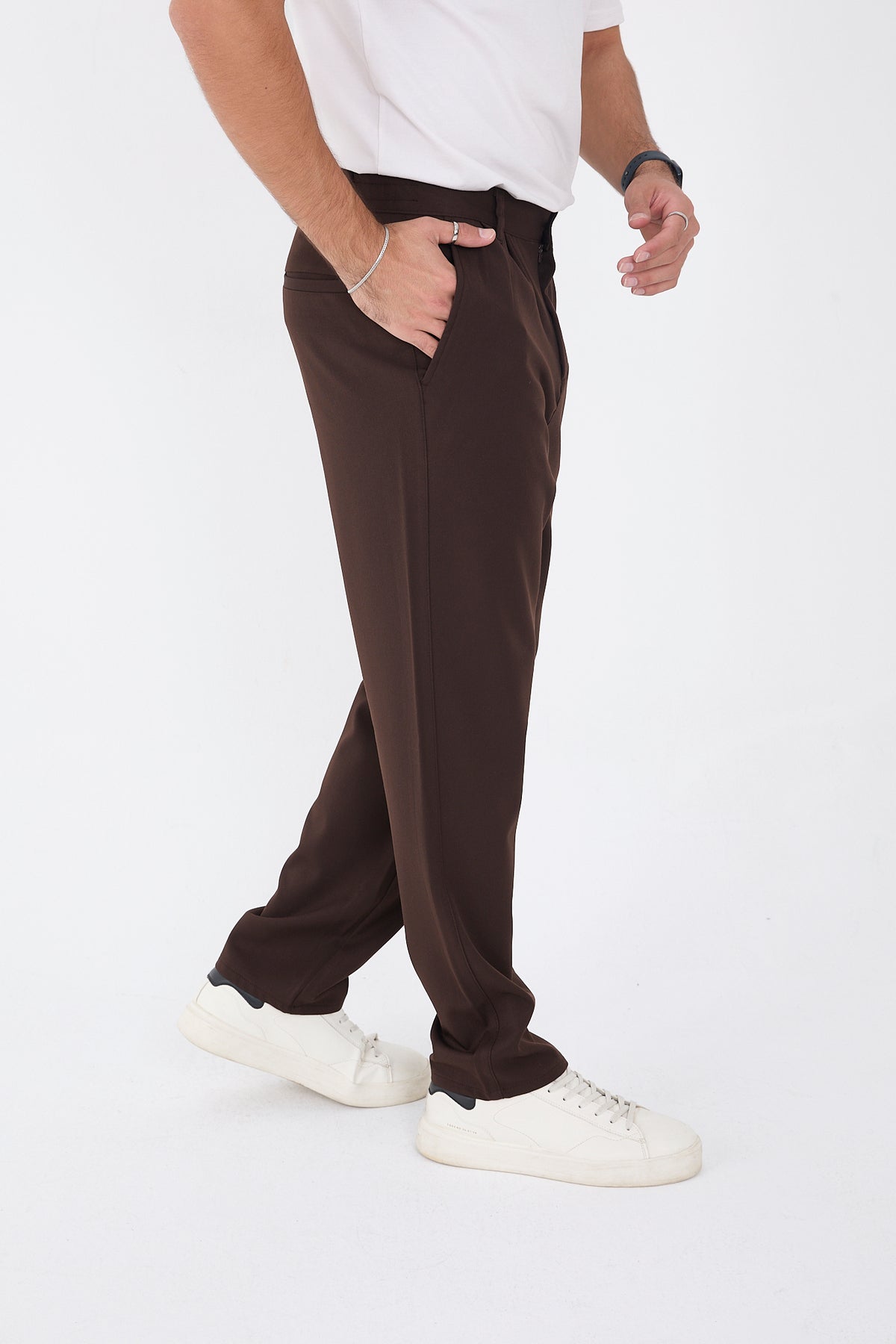 Erkek Kışlık Baggy Likralı Kumaş Pantolon - Kahverengi