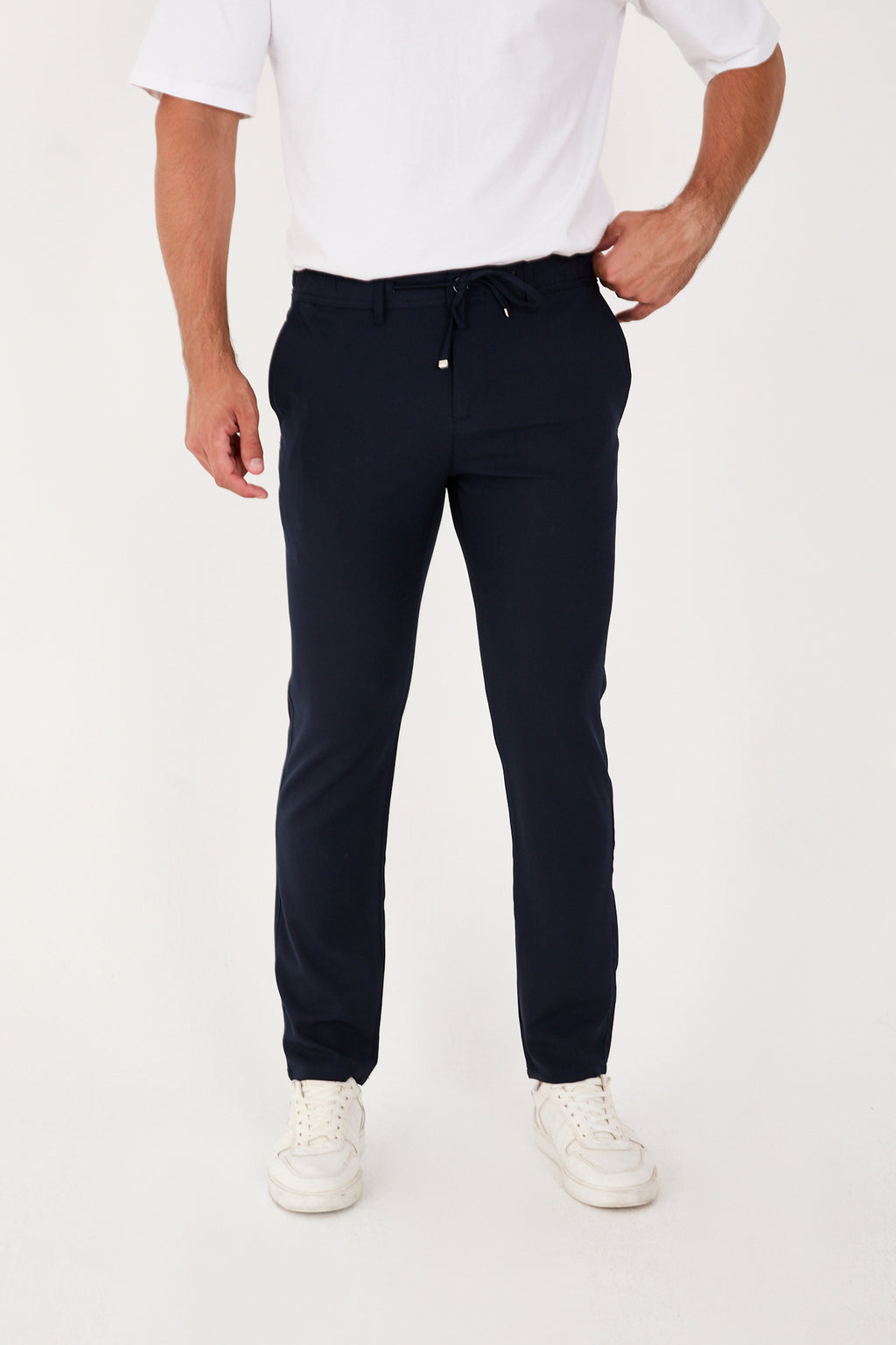 Erkek Jogger Slim Fit Bel Yarım Lastikli Likralı Kumaş Pantolon - Lacivert