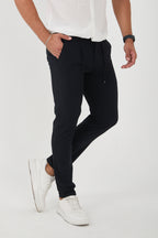 Erkek Jogger Slim Fit Bel Yarım Lastikli Duble Paça Kumaş Pantolon - Lacivert