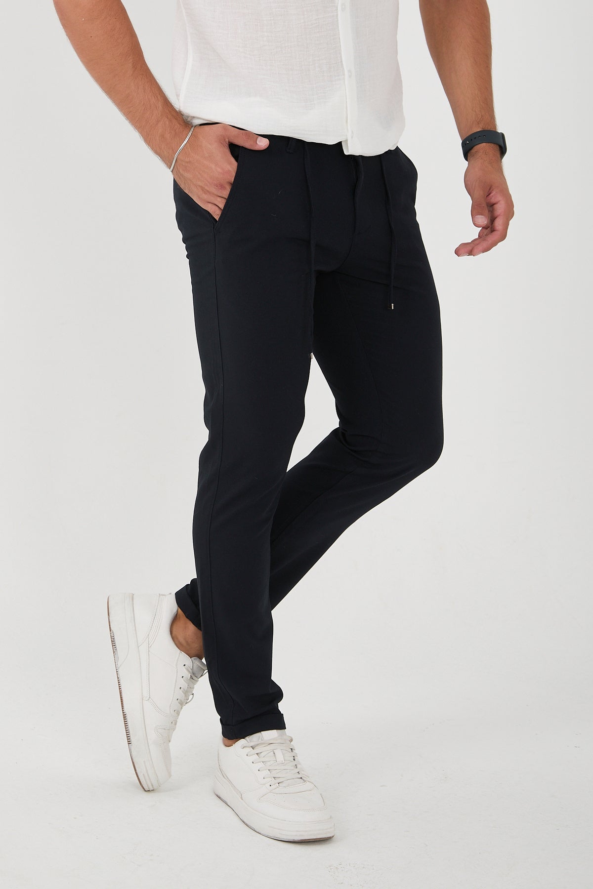 Erkek Jogger Slim Fit Bel Yarım Lastikli Duble Paça Kumaş Pantolon - Lacivert