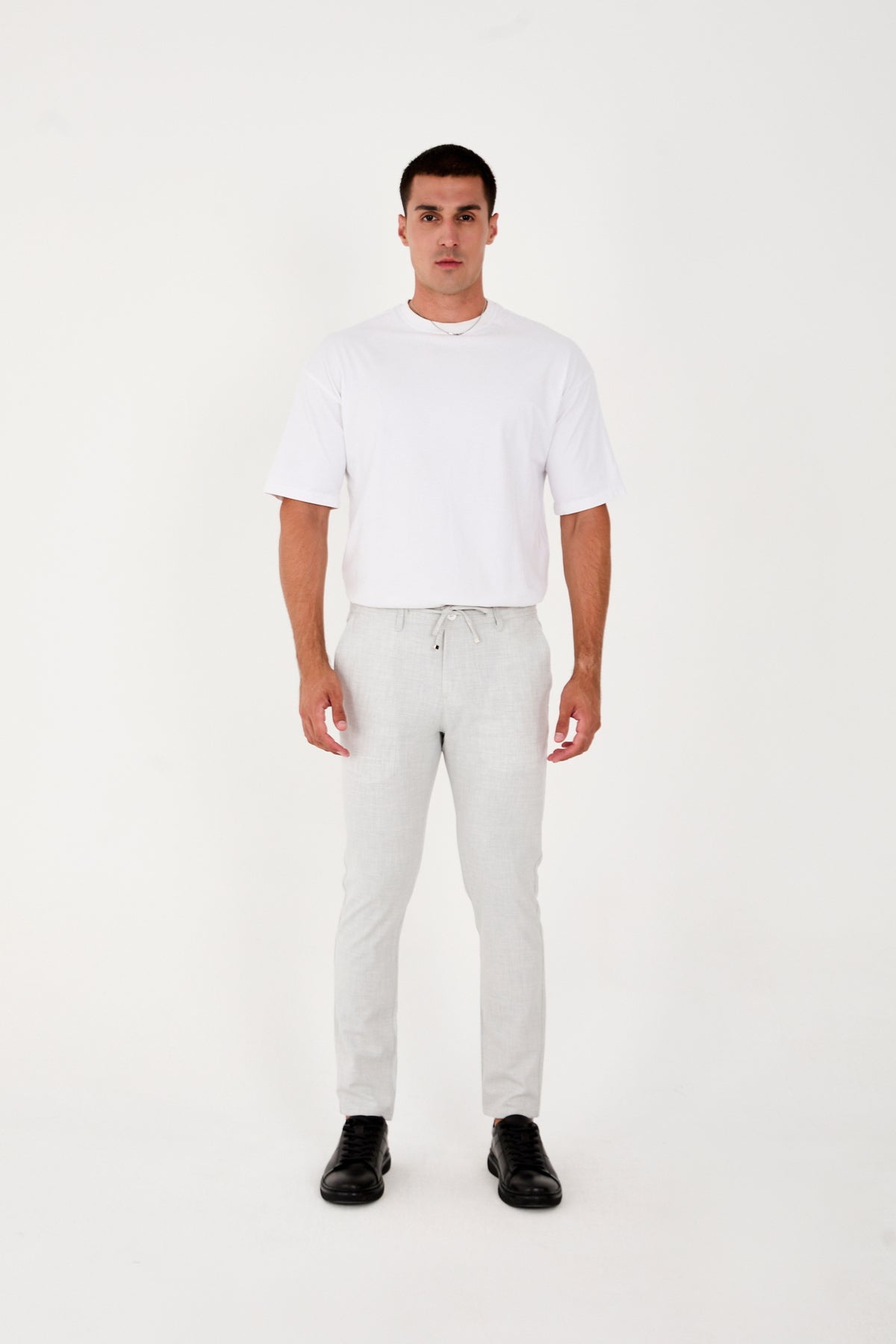 Erkek Jogger Slim Fit Bel Yarım Lastikli Likralı Kumaş Pantolon - Açık Gri