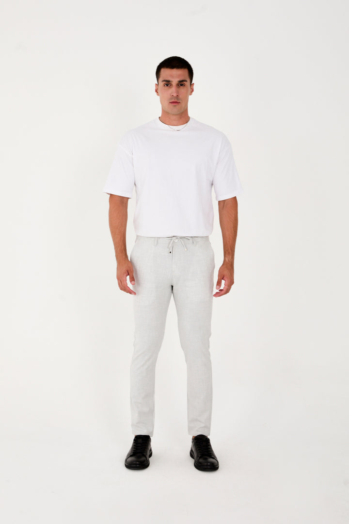 Erkek Jogger Slim Fit Bel Yarım Lastikli Likralı Kumaş Pantolon - Açık Gri