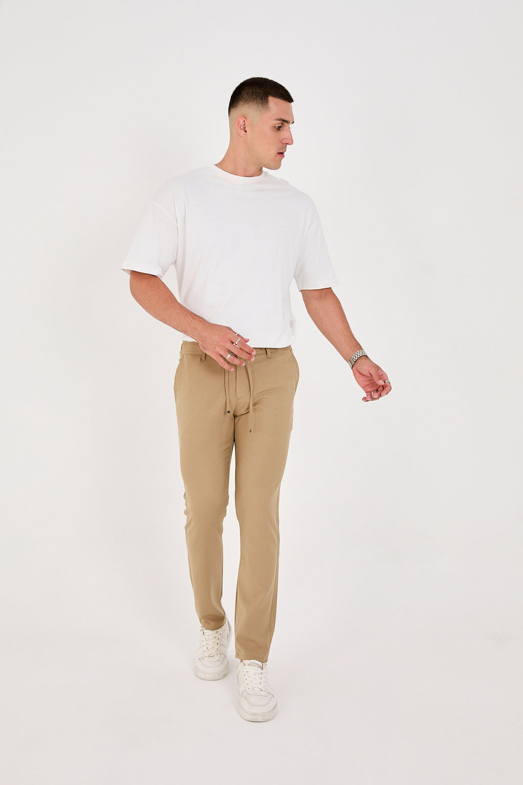Erkek Jogger Slim Fit Bel Yarım Lastikli Likralı Kumaş Pantolon - Vizon